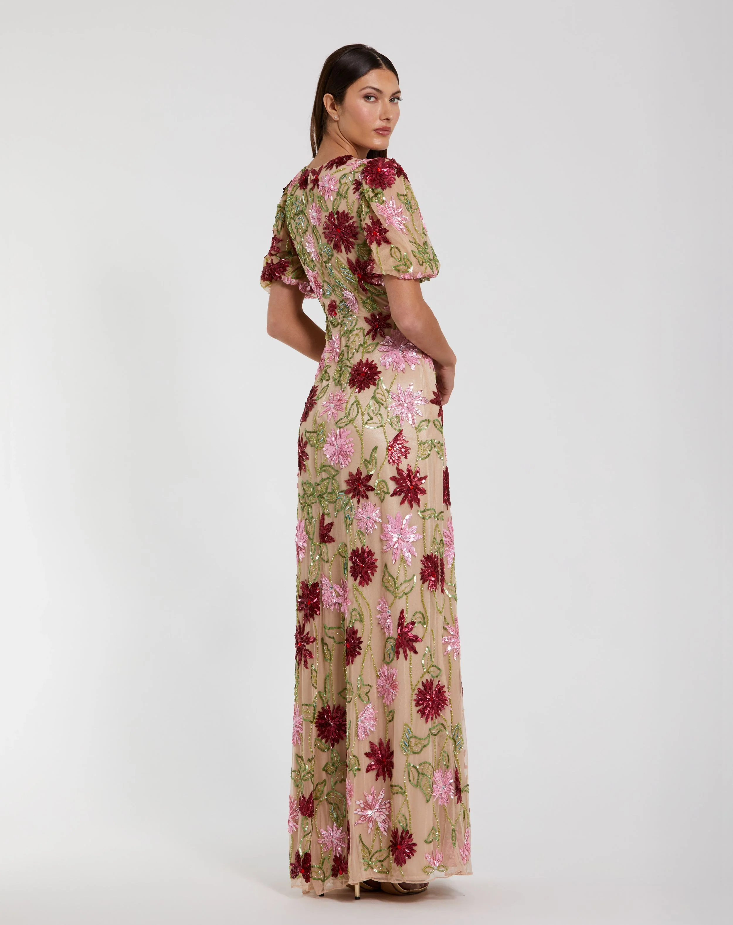 Beige Floral Beaded Mesh Puff Sleeve Gown