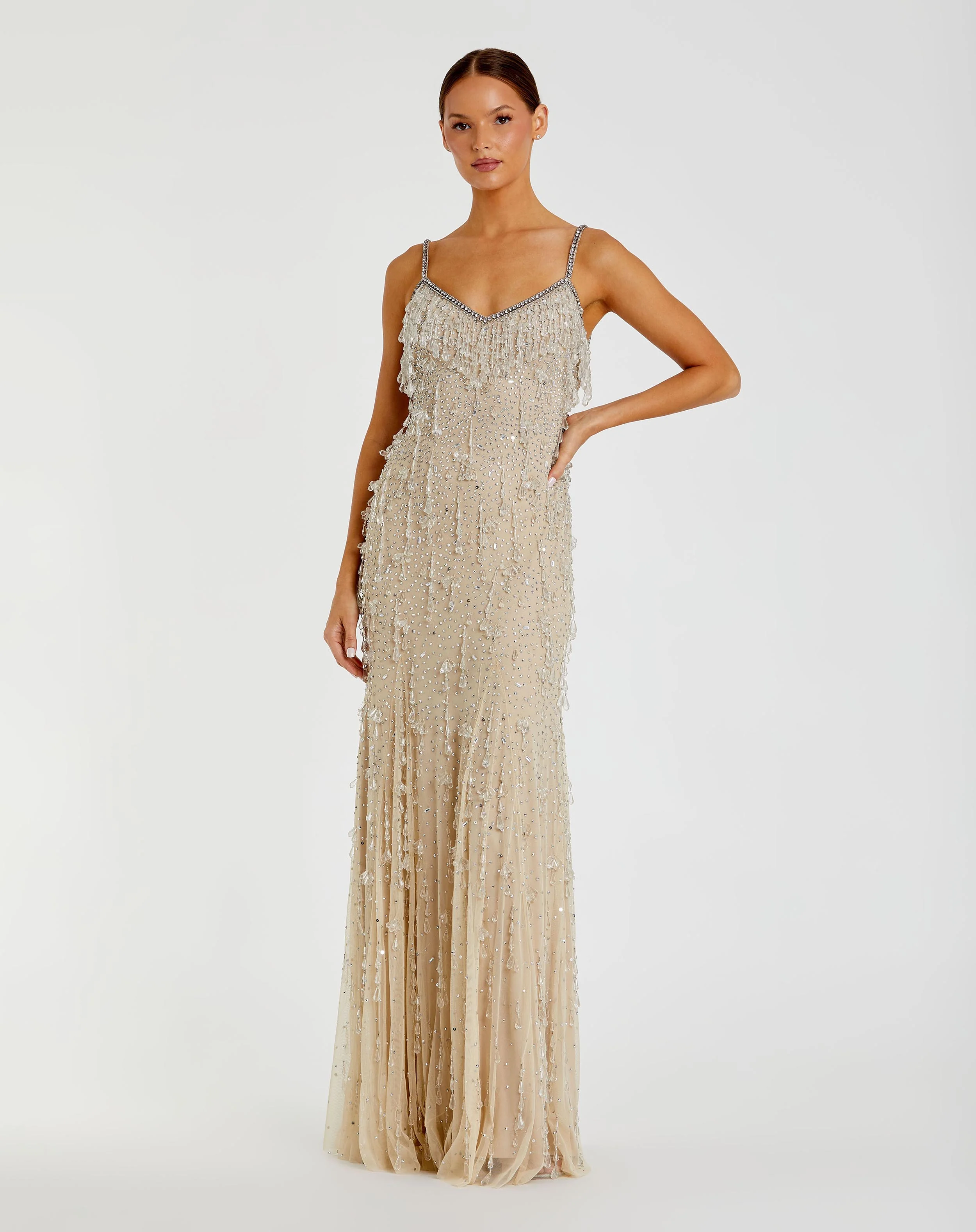 Beige Thin Strap Net Embellished V Neck Gown