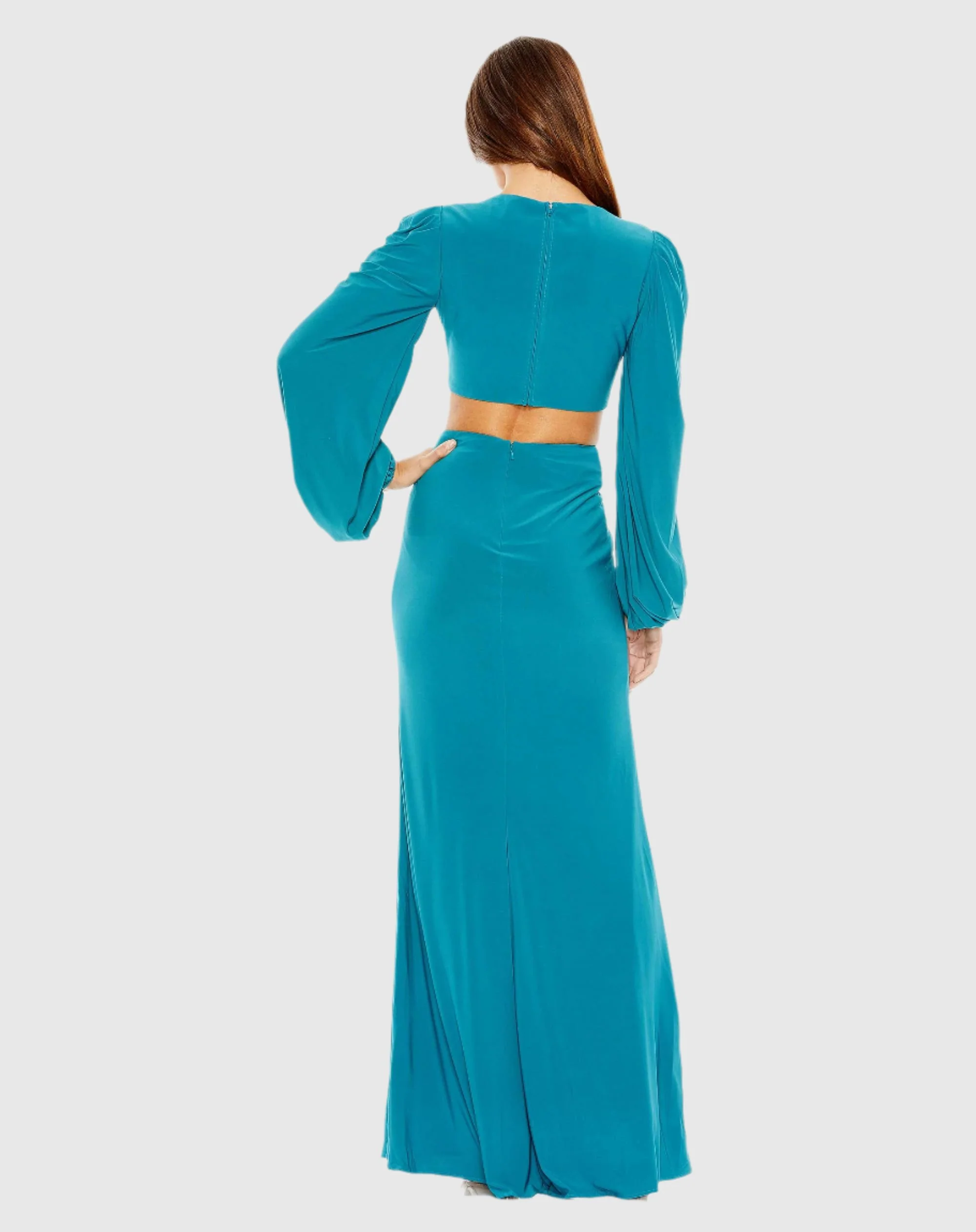 Blue Jersey Puff Sleeve Cut Out Column Gown - FINAL SALE