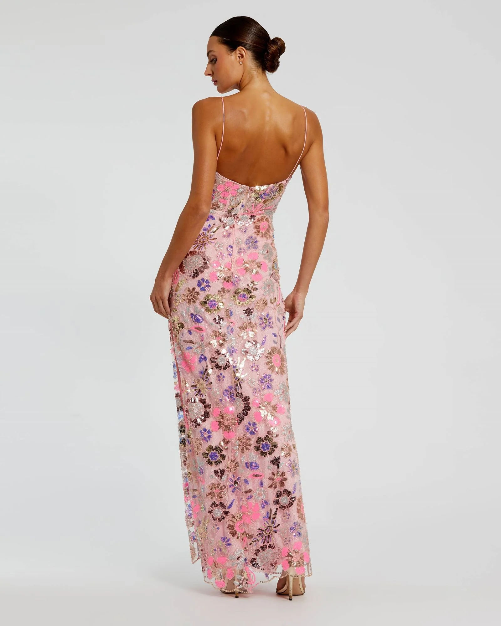 Pink Spaghetti Strap Bustier Applique Gown with Slit