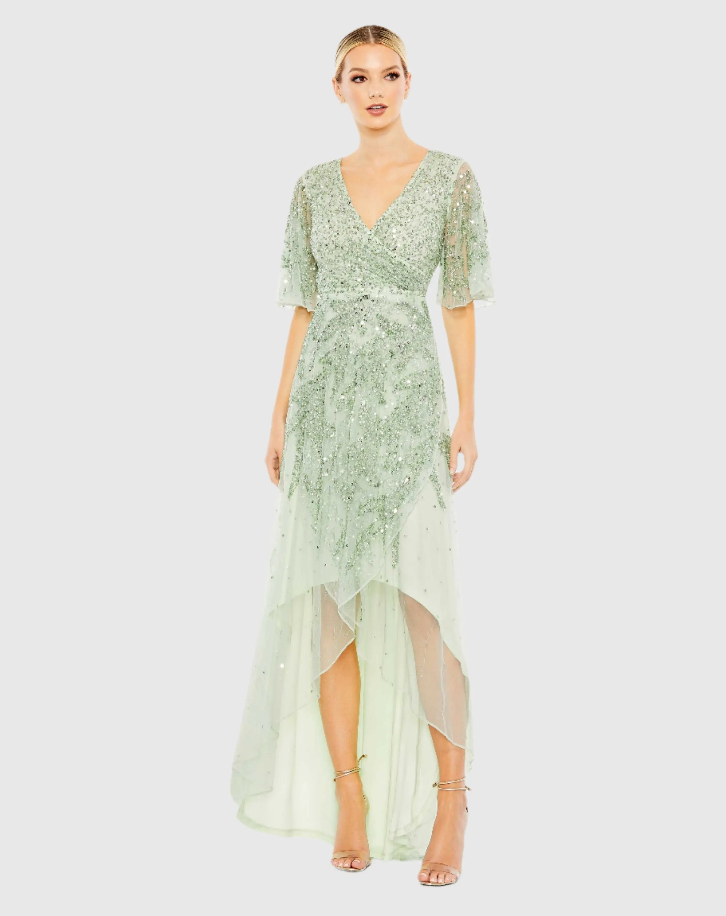 Green Sequined Butterfly Sleeve High Low Gown