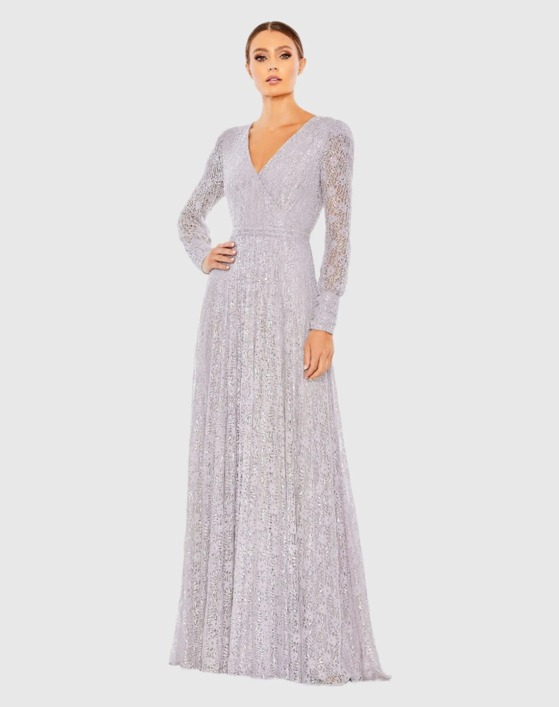 Purple Beaded Lace Long Sleeve Wrap Over Gown - FINAL SALE