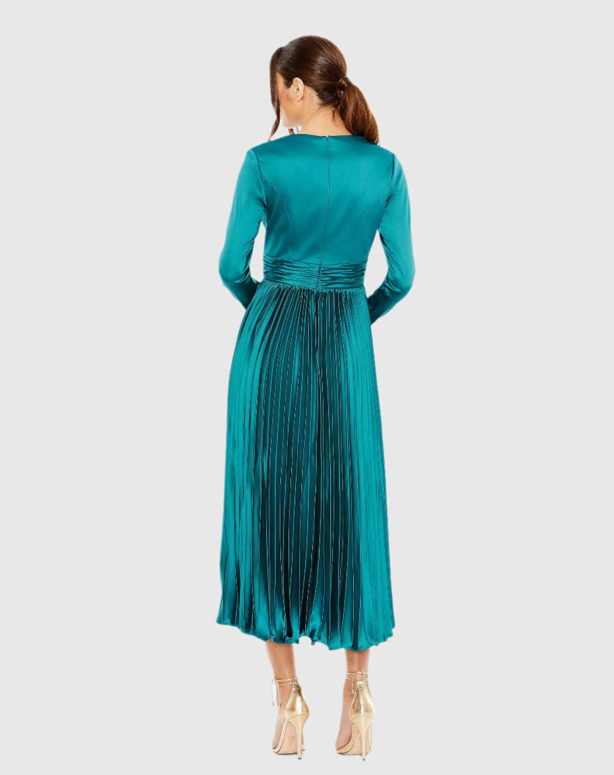 Blue Pleated Long Sleeve V-Neck Dress
