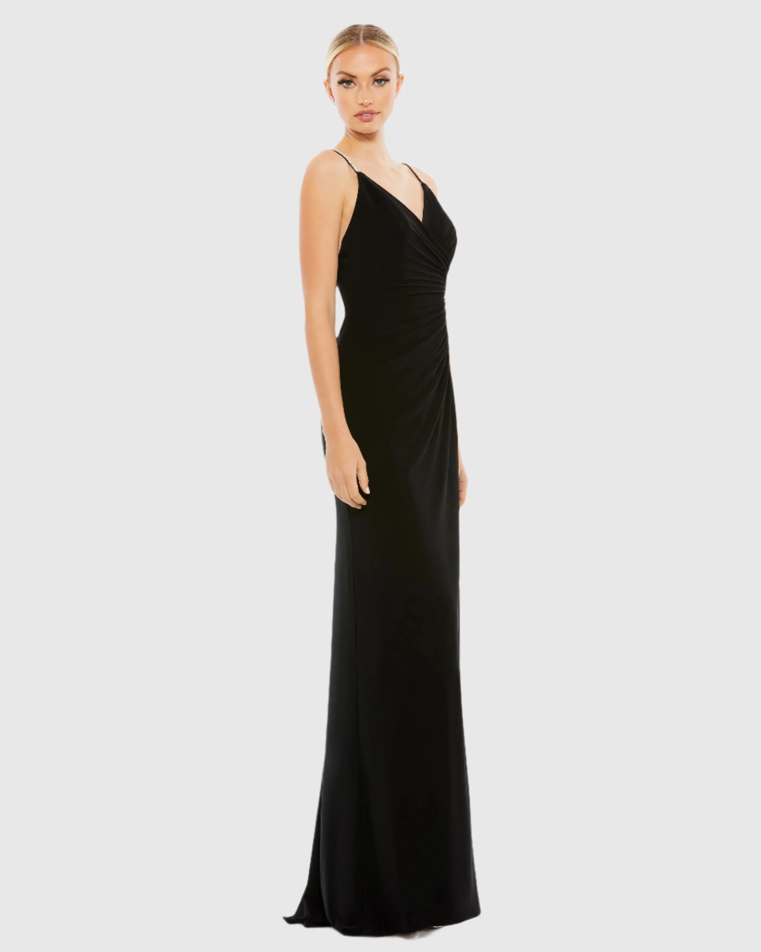 Black Faux Wrap V Neck Open Back Gown - FINAL SALE