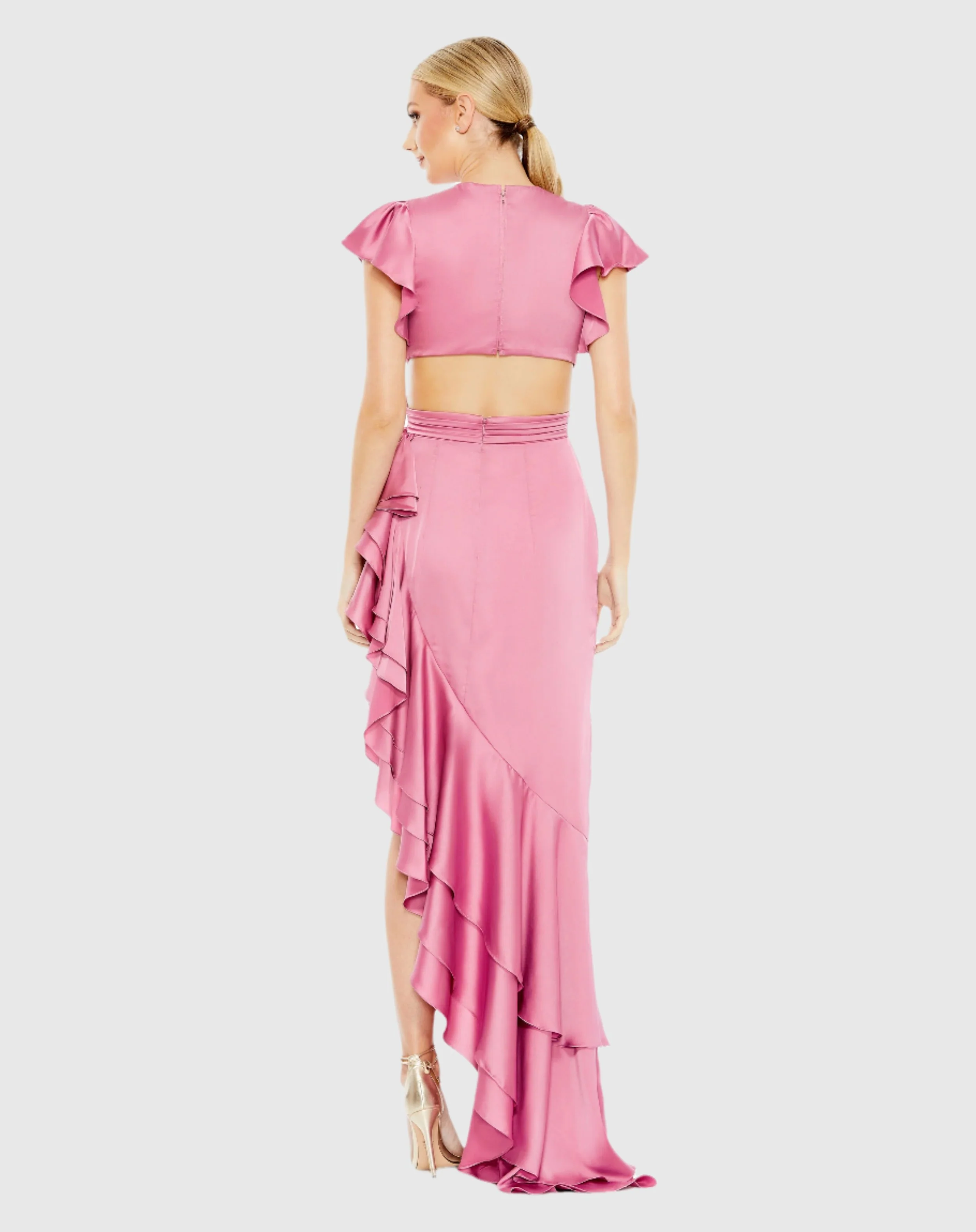 Pink Flutter Sleeve Cut Out Asymmetrical Ruffled Gown