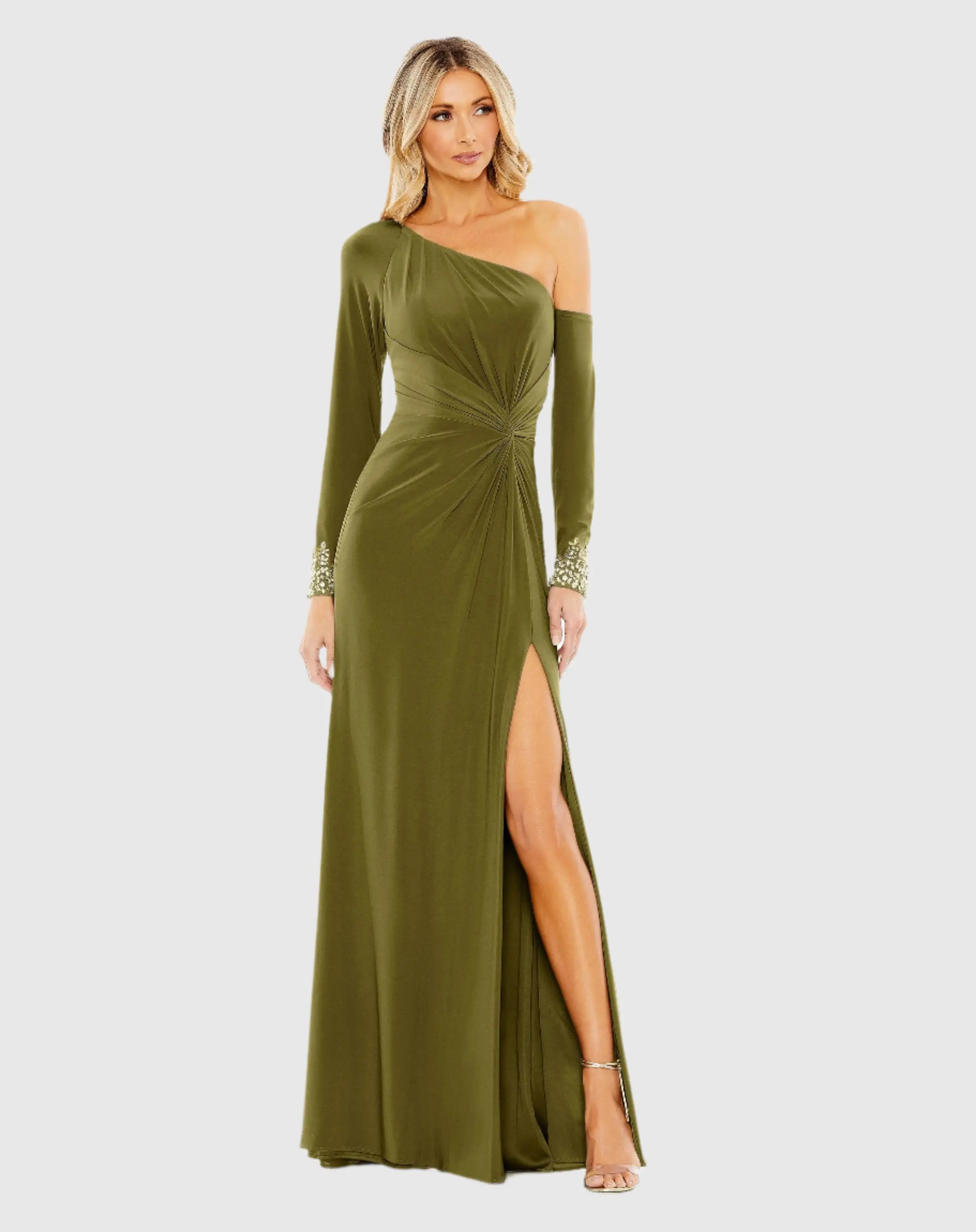 Green Side Twist Drop Shoulder Beaded Cuff Gown