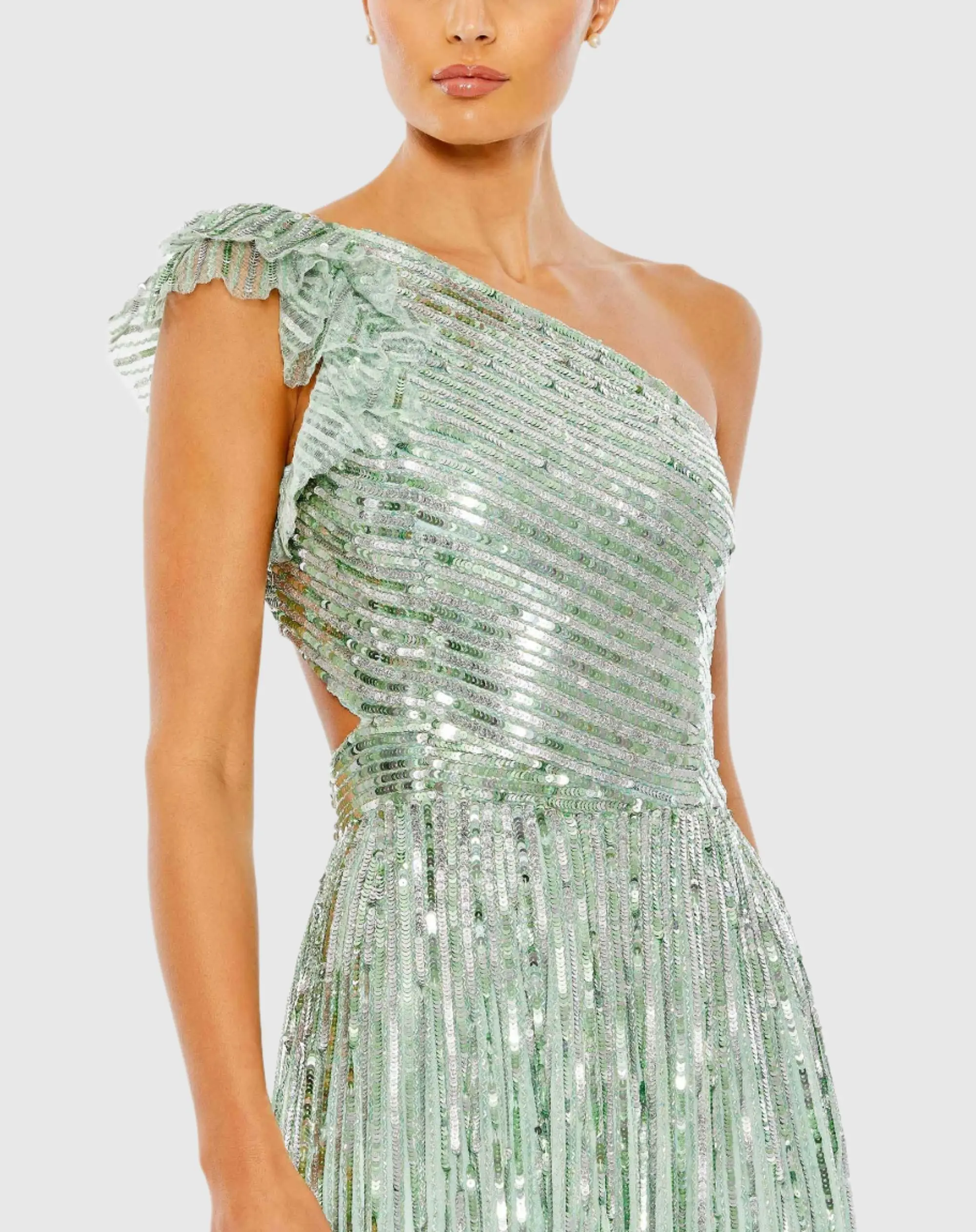 Light Green Sequined One Shoulder Flutter Sleeve A Line Gown