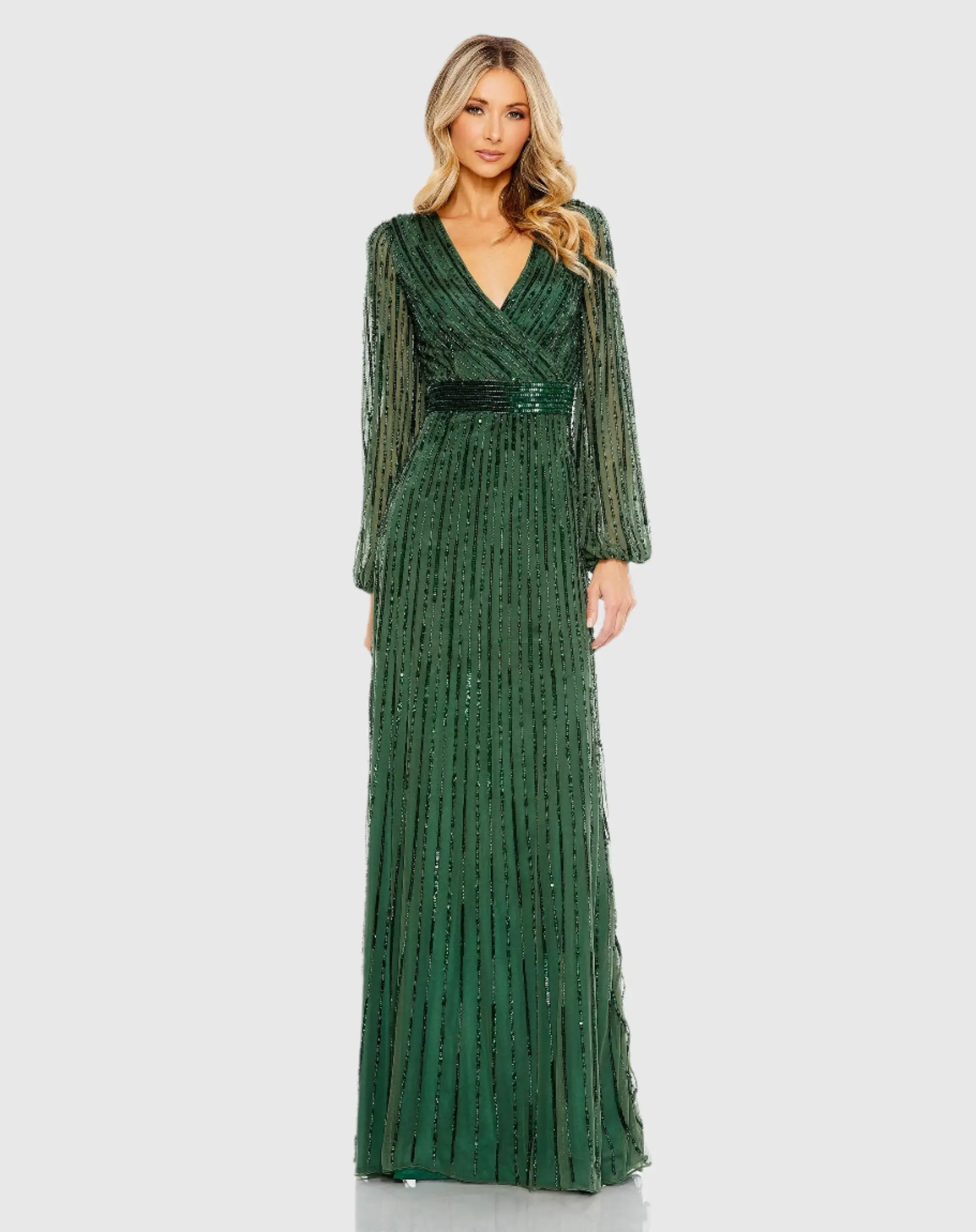 Green Wrap Over Puff Sleeve Embellished Gown