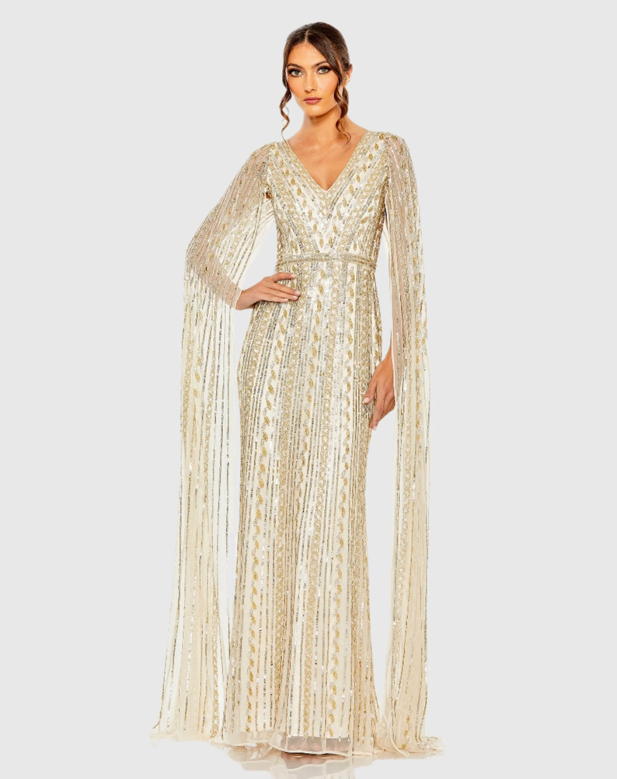 Beige and Silver Sequined V-Neck Gown with Cape Sleeves