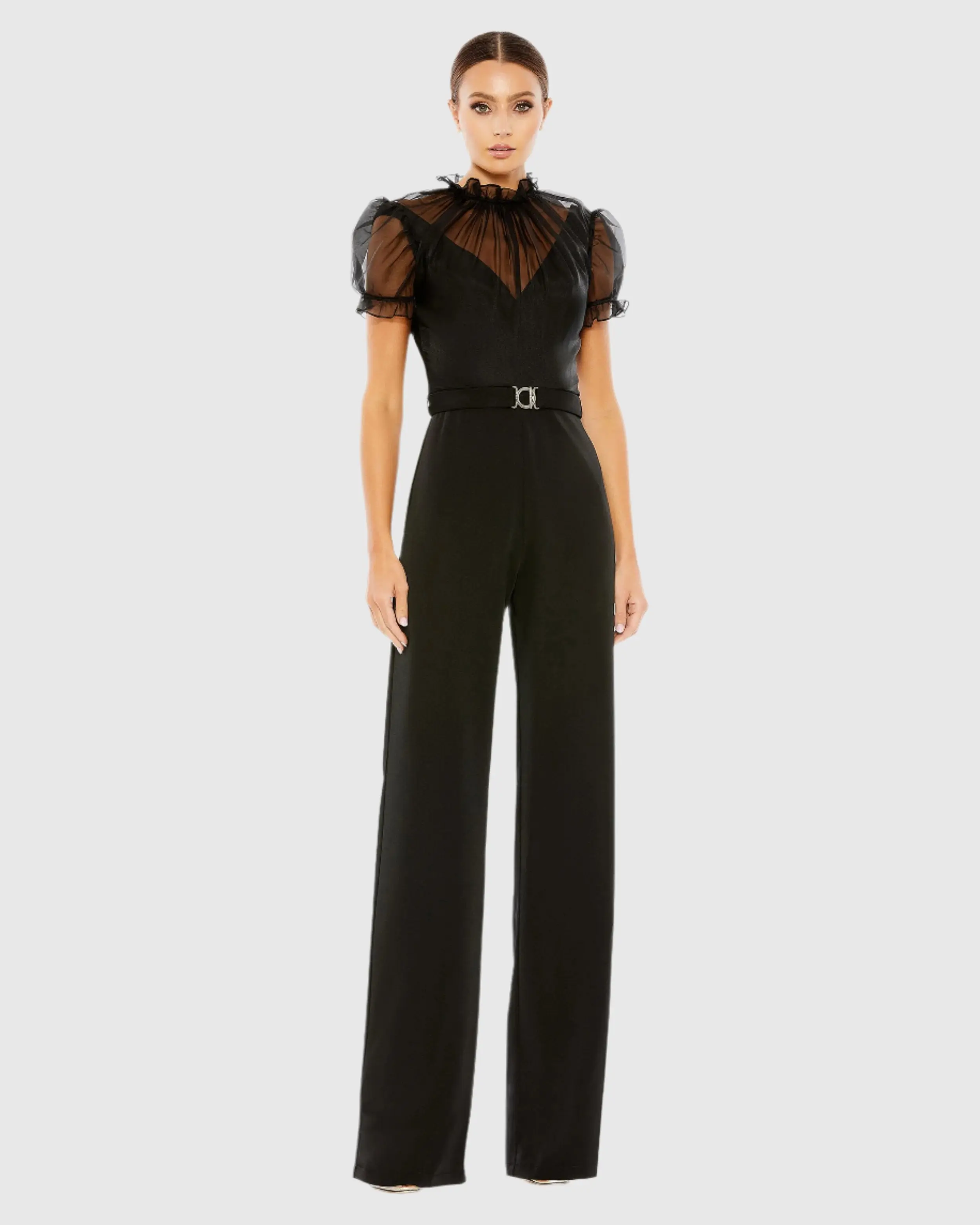 Black Belted Illusion High Neck Cap Sleeve Jumpsuit