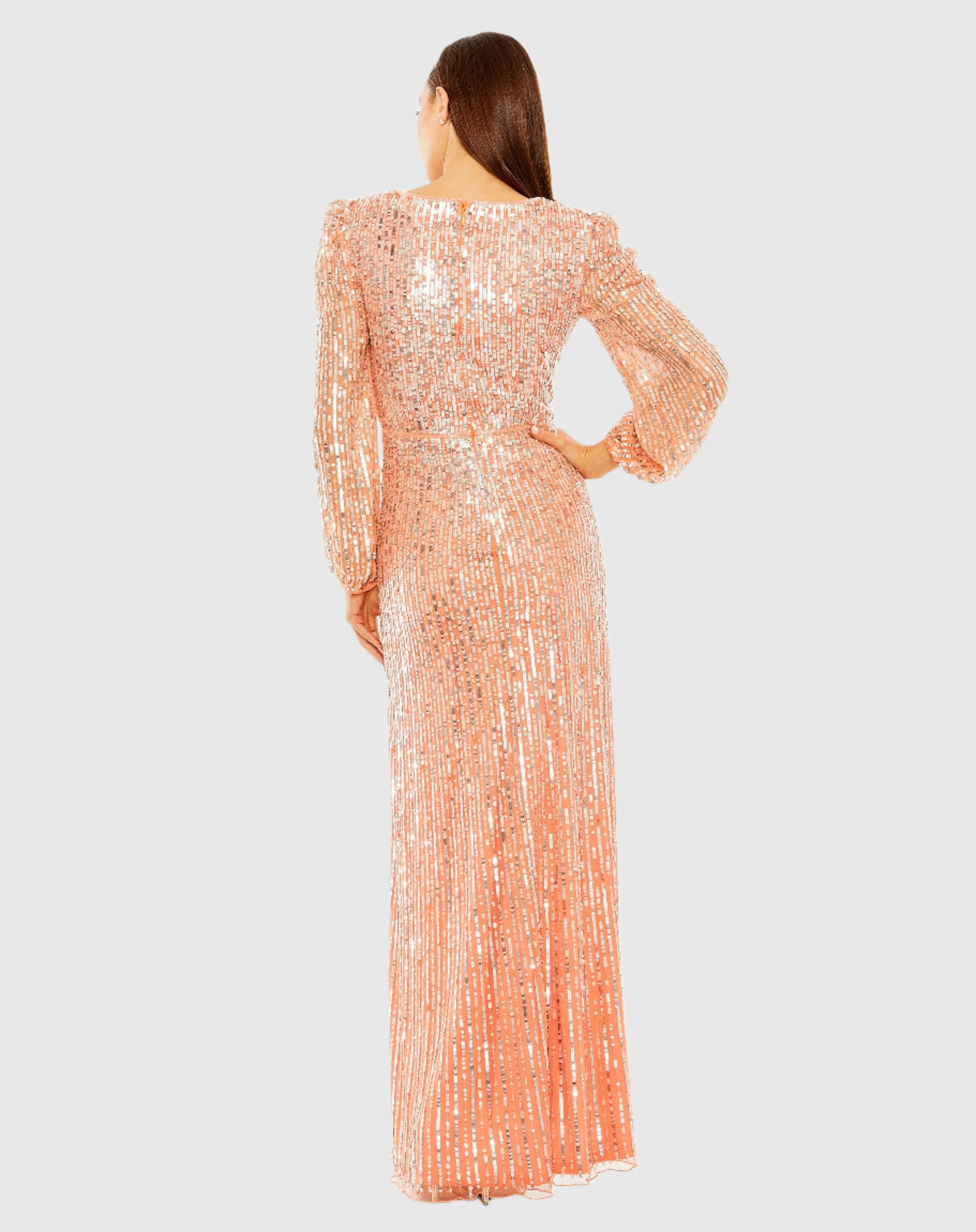 V Neck Empire Waist Puff Shoulder Sequin Embellished Gown