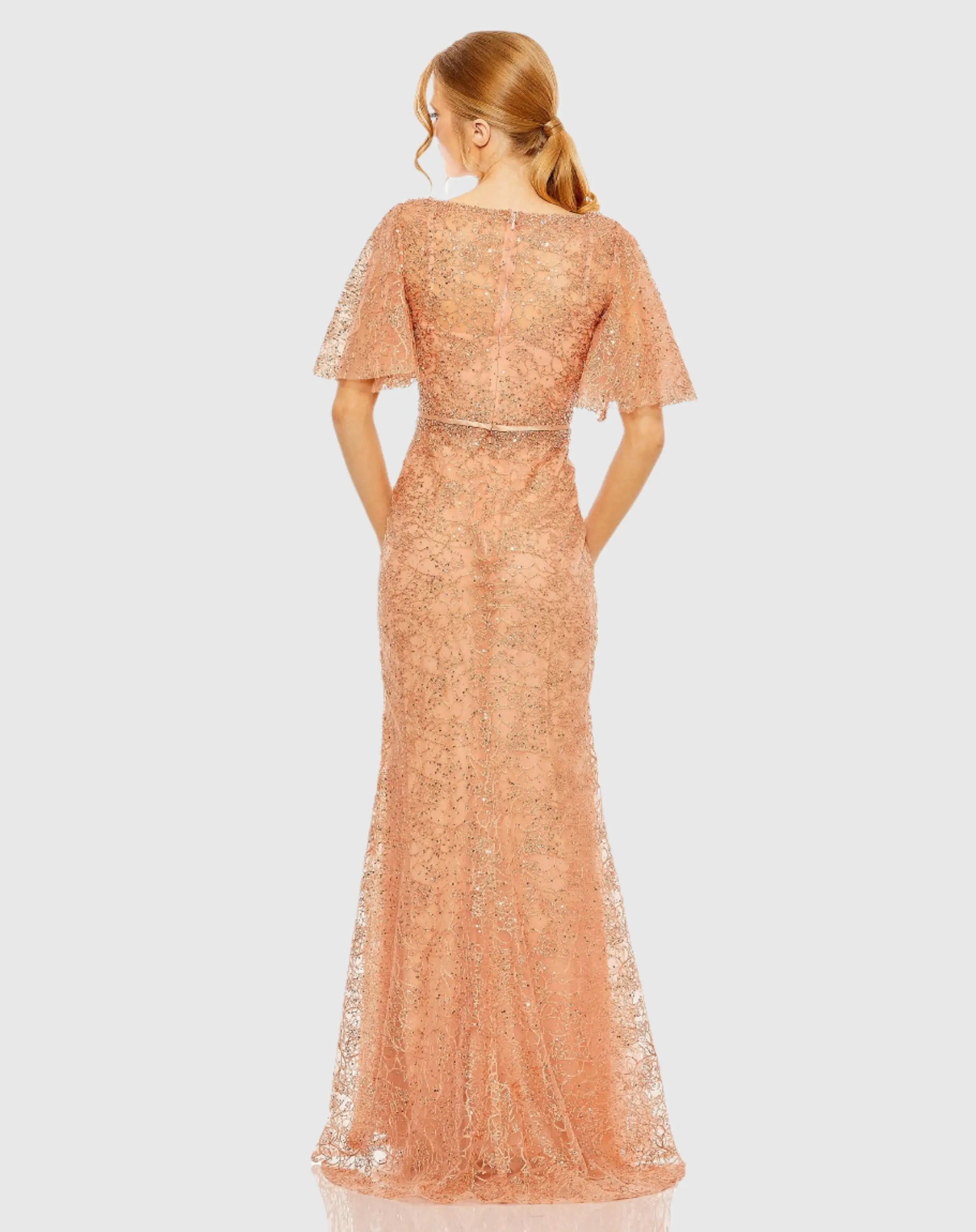 Embellished Neck Butterfly Sleeve Trumpet Gown