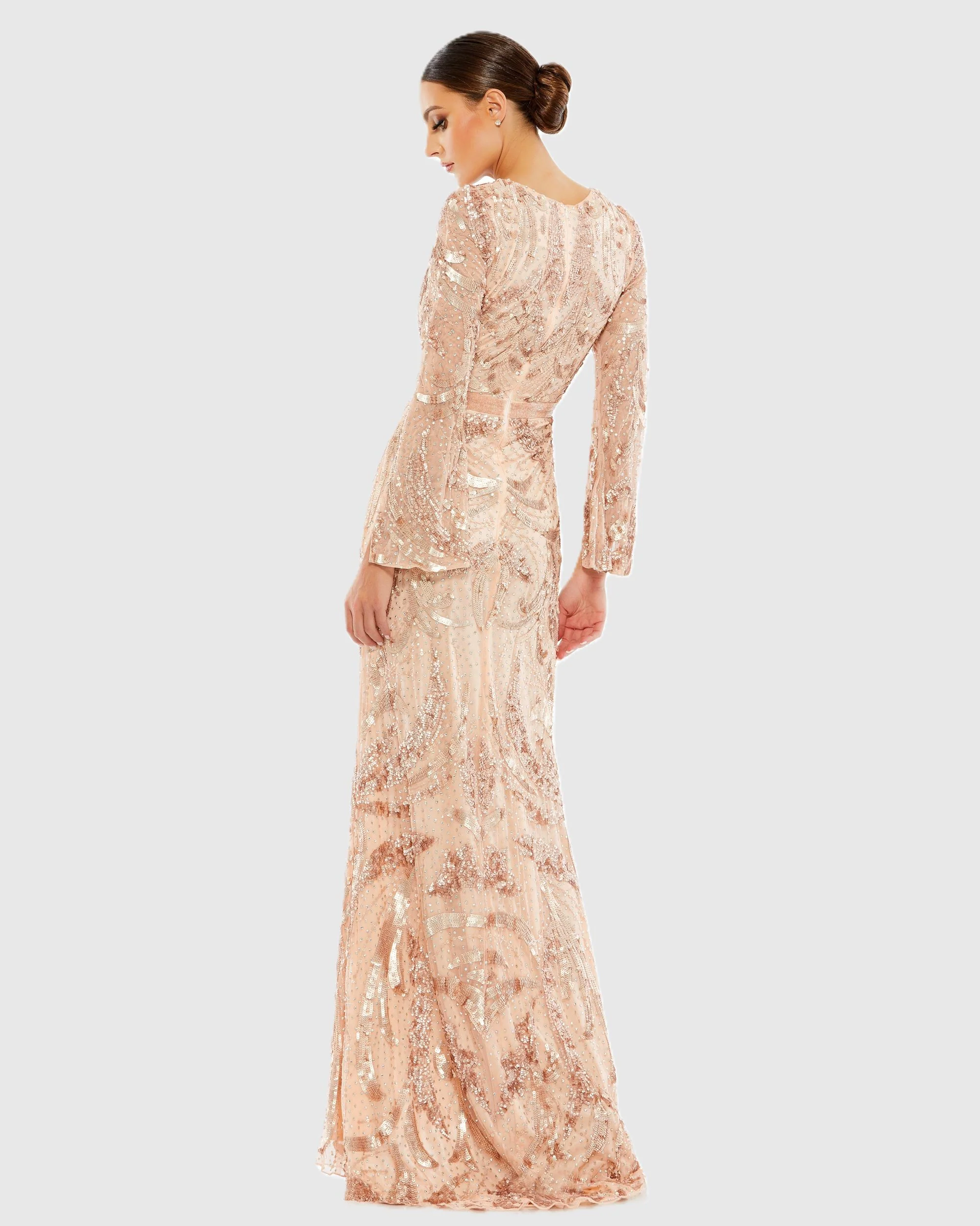 Pink Sequined Faux Wrap Split Long Sleeve Gown