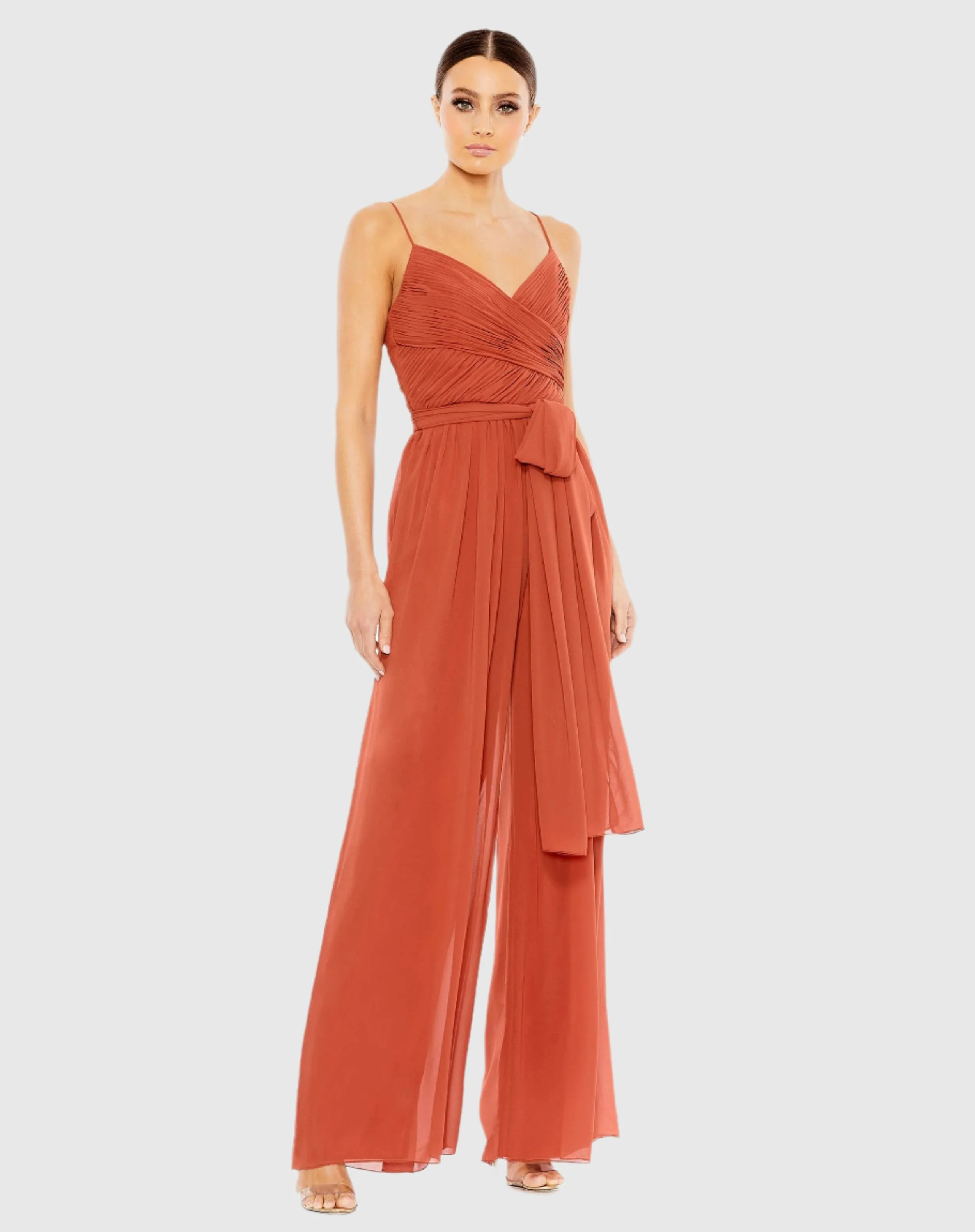 Orange Ruched Sleeveless Tie Jumpsuit