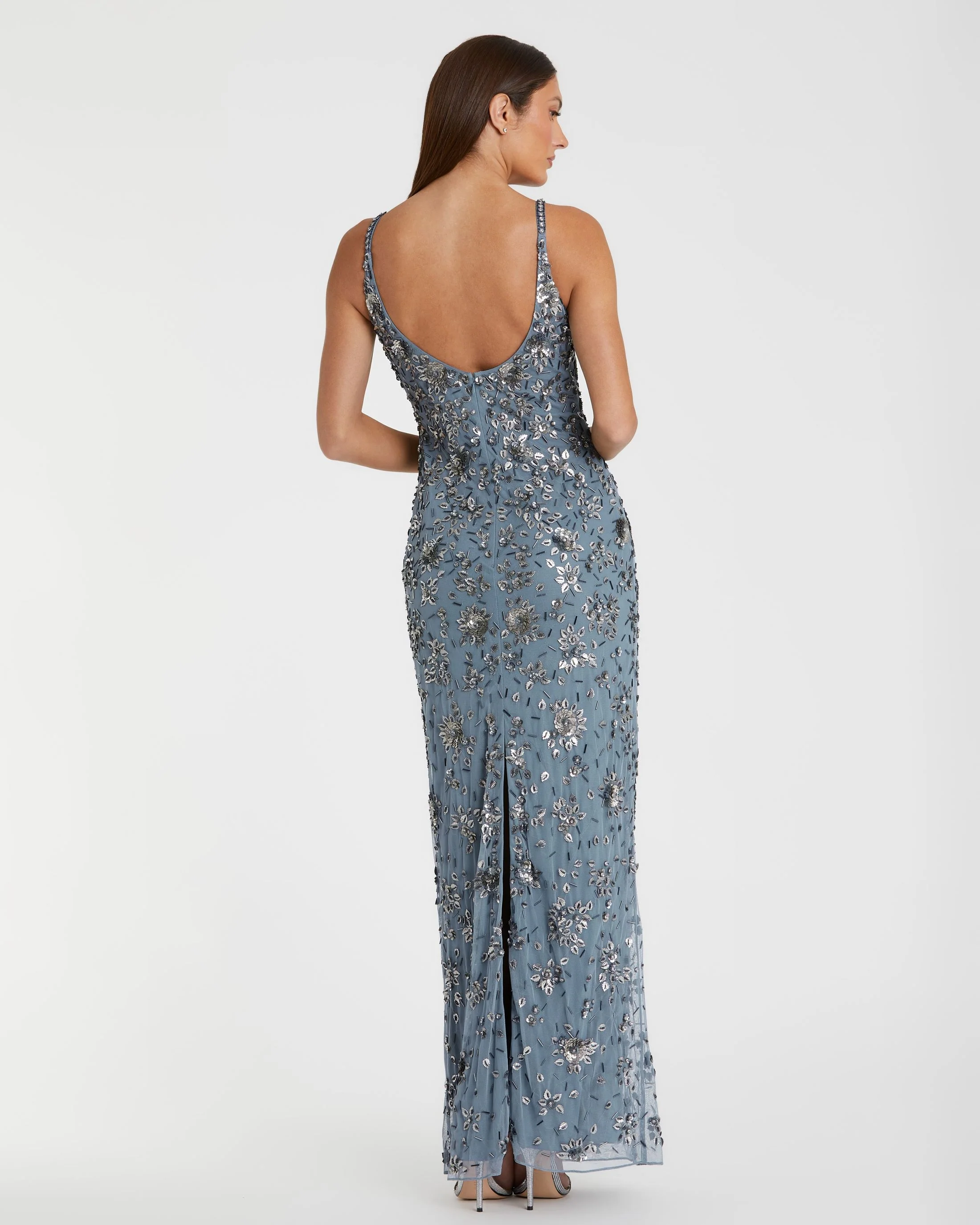 Blue Floral Embellished Scoop Neck Evening Gown
