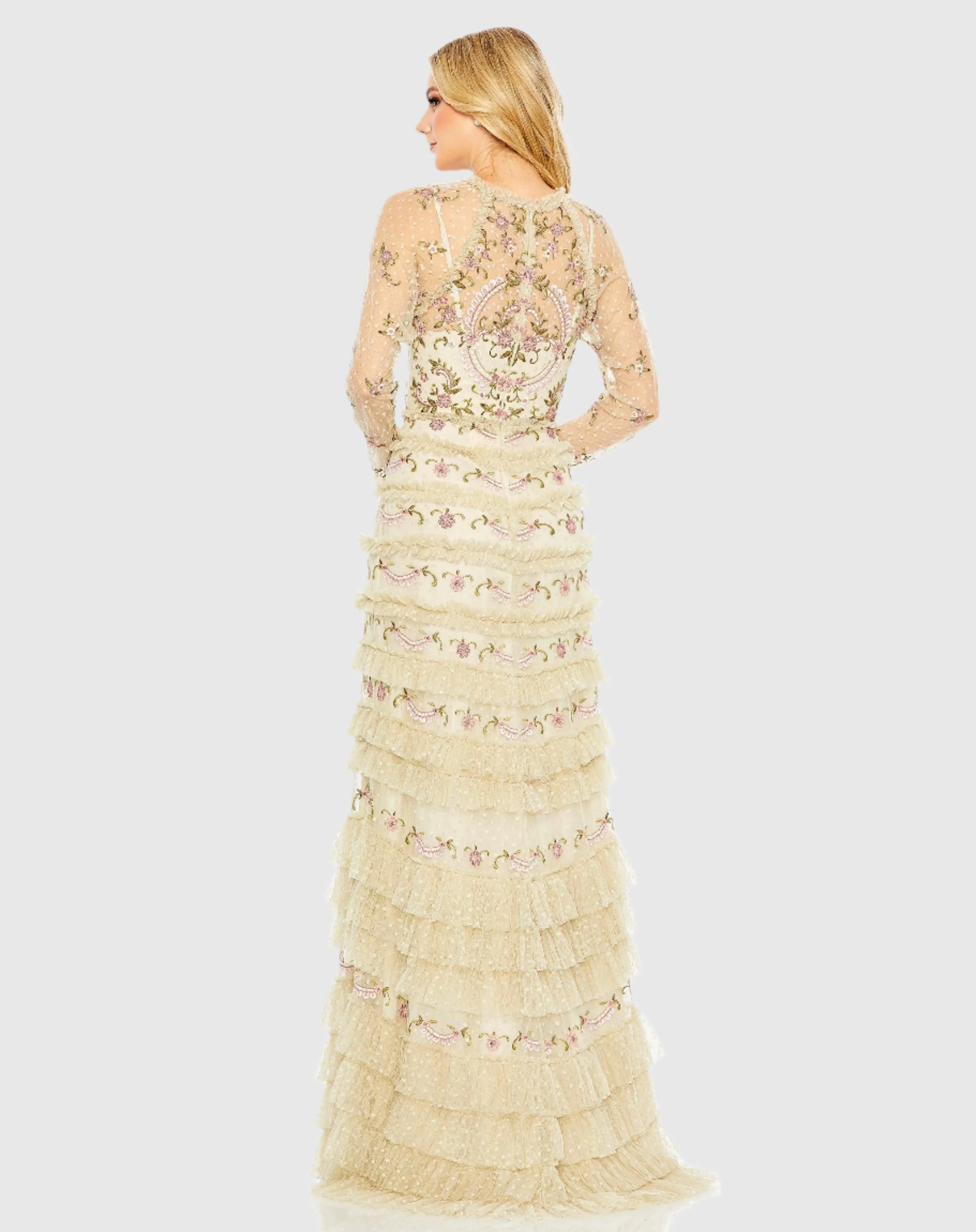 Beige Mesh Polka Dot Long Sleeve Floral Ruffle Tired Gown