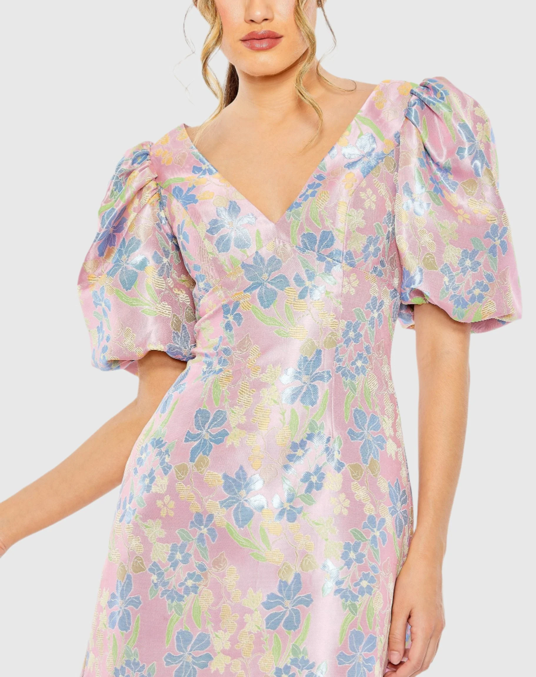 Pink Floral Puff Shoulder Brocade Mini Dress