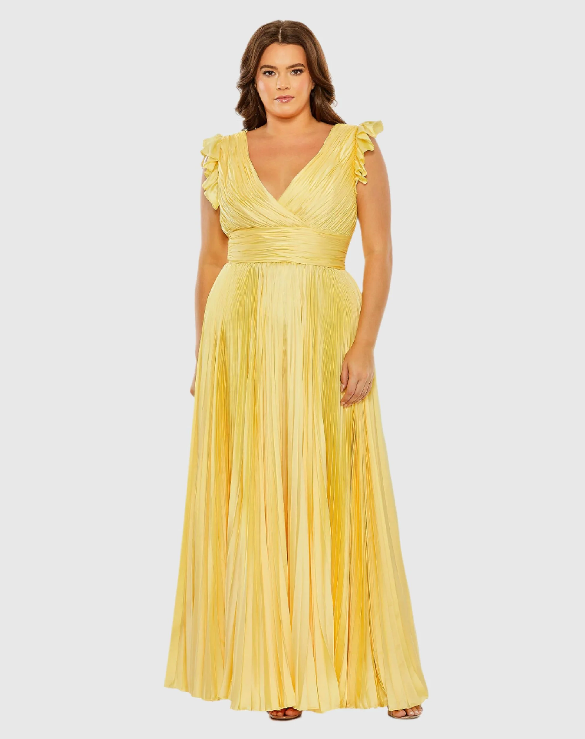 Yellow Flutter Sleeve Pleated V-Neck Gown (Plus)