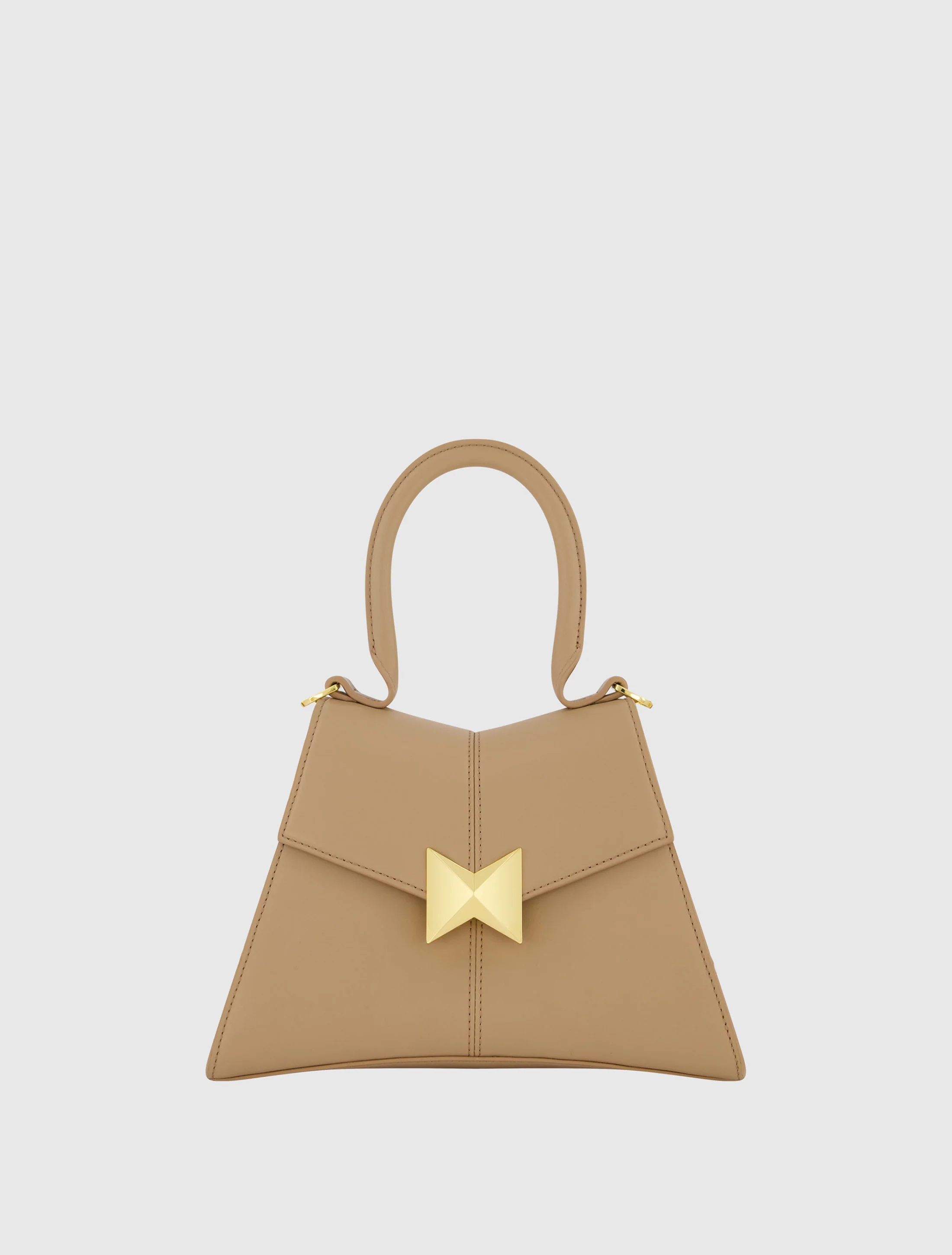 Angular Small Taupe Leather Handbag With Gold Hardware