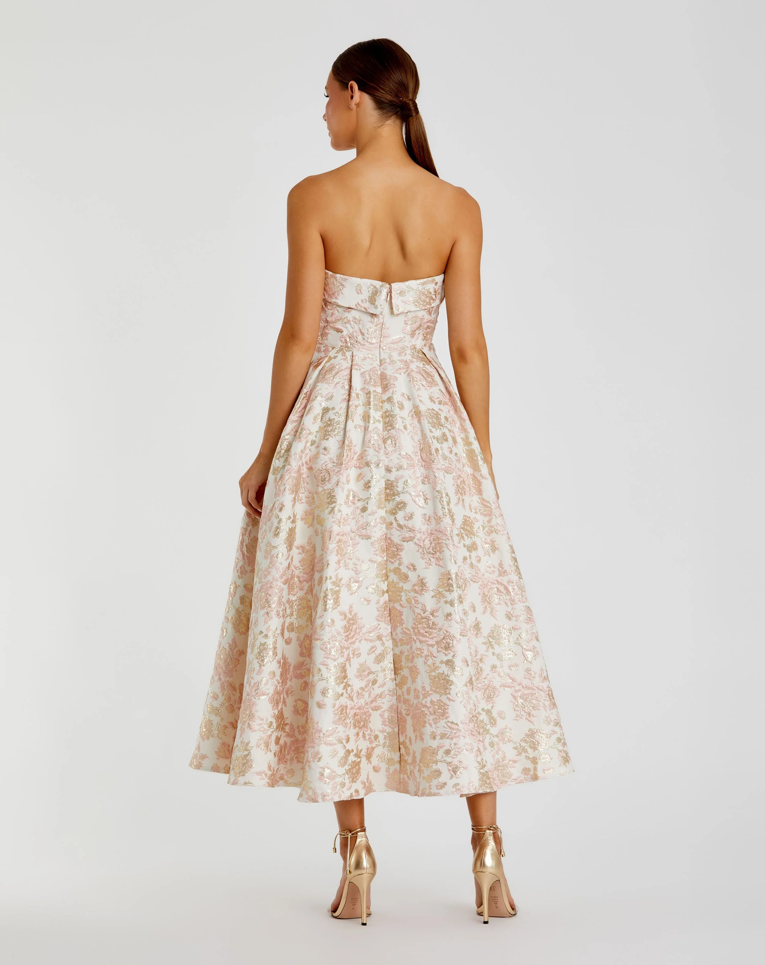 Pink and White Strapless Floral Brocade A Line Midi Dress