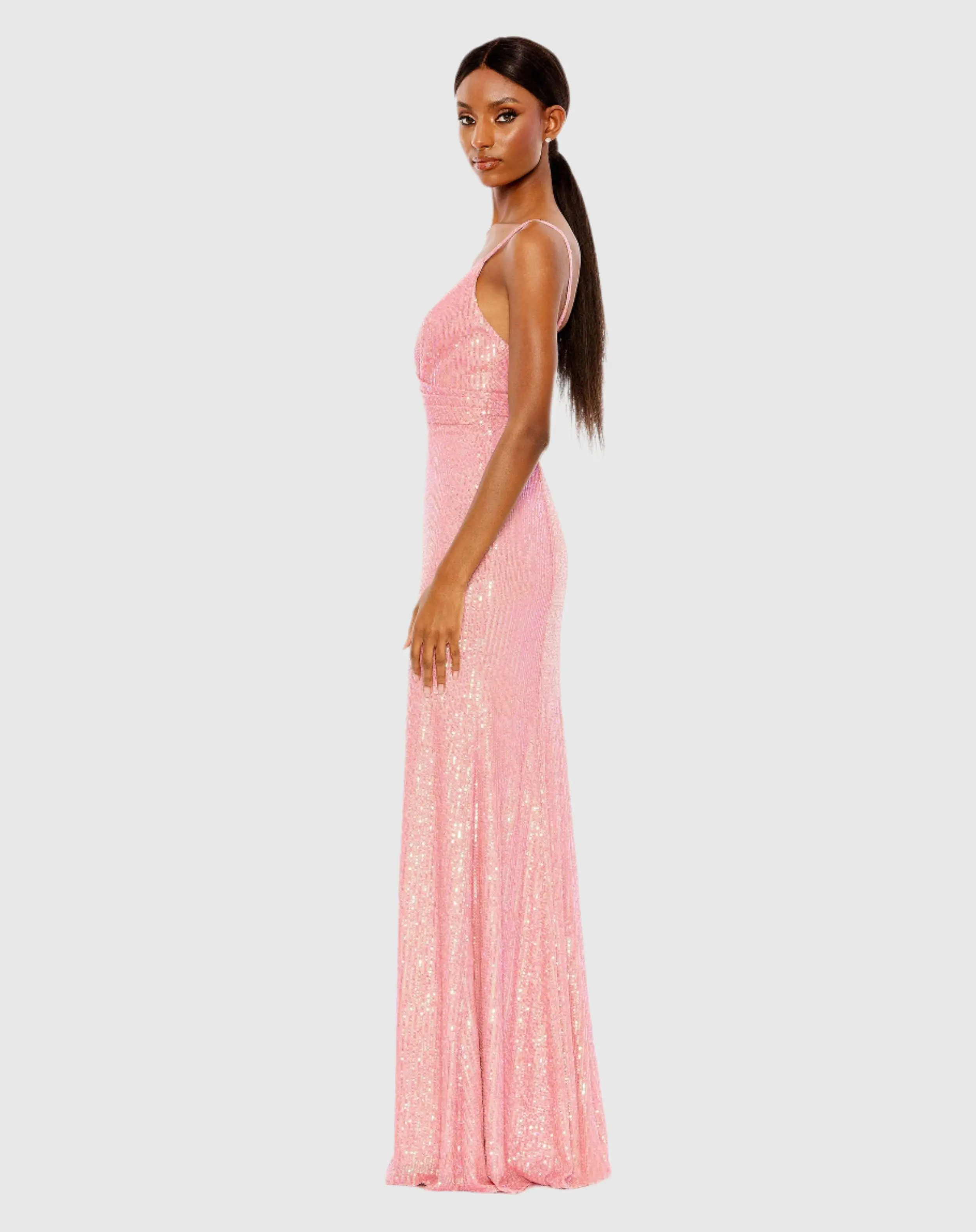 Pink Sequined Draped V Neck Gown