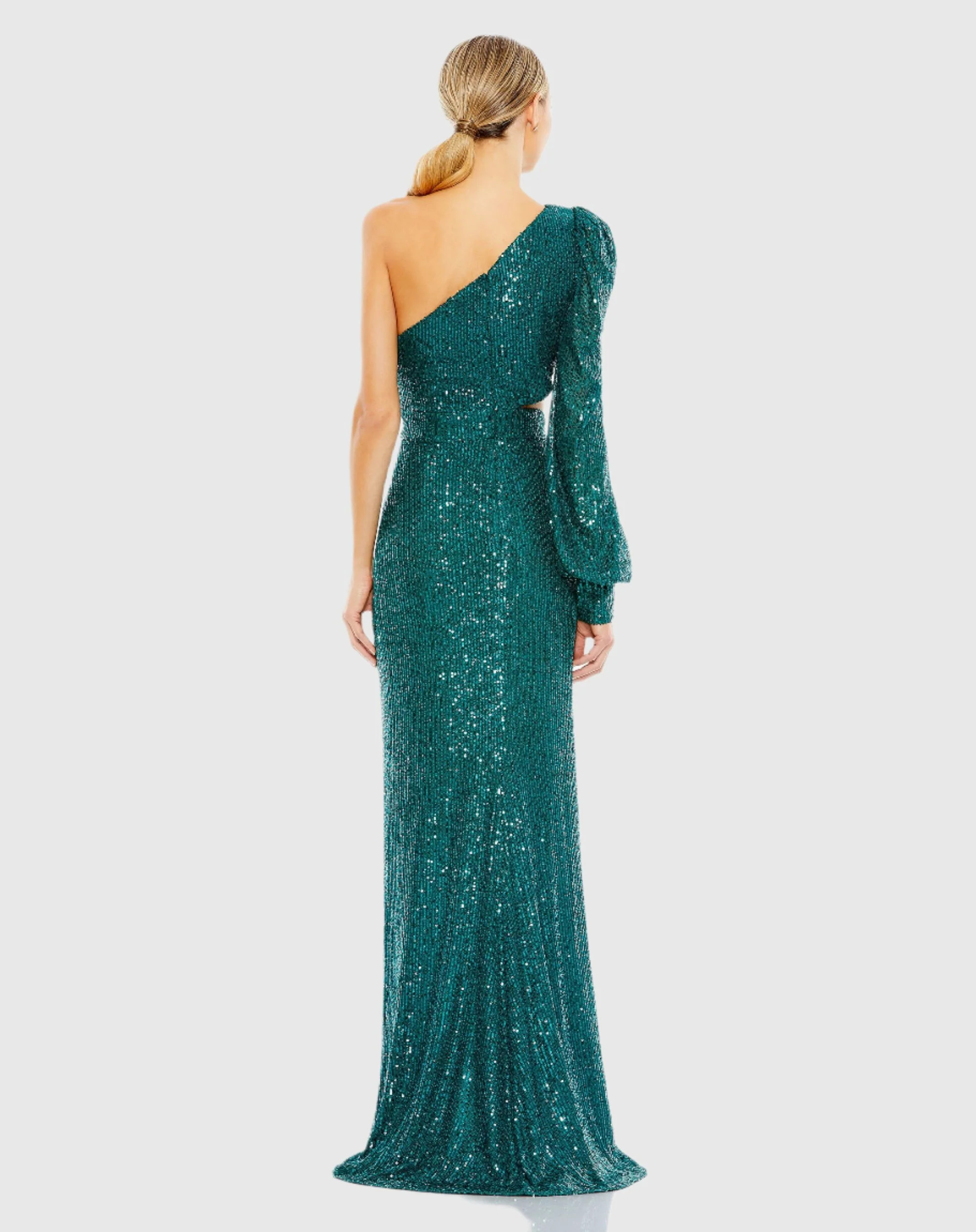 Green Sequined One Shoulder Cut Out Gown