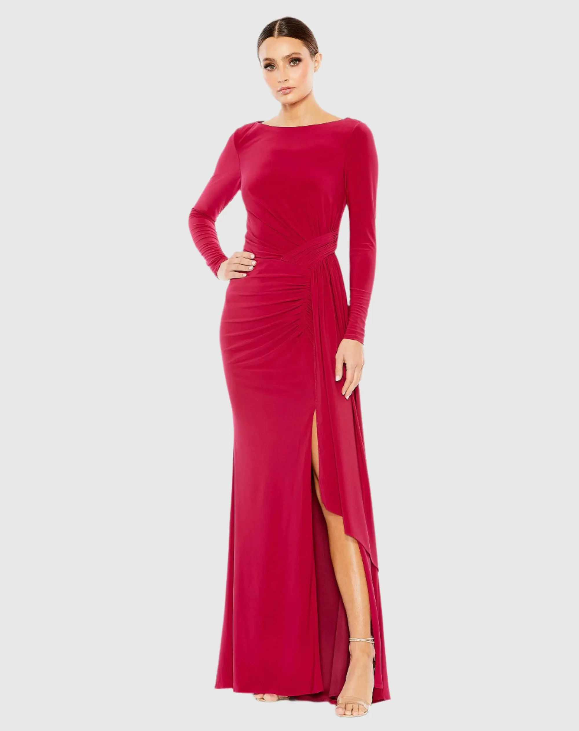 Red Ruched Long Sleeve Cowl Neck Gown