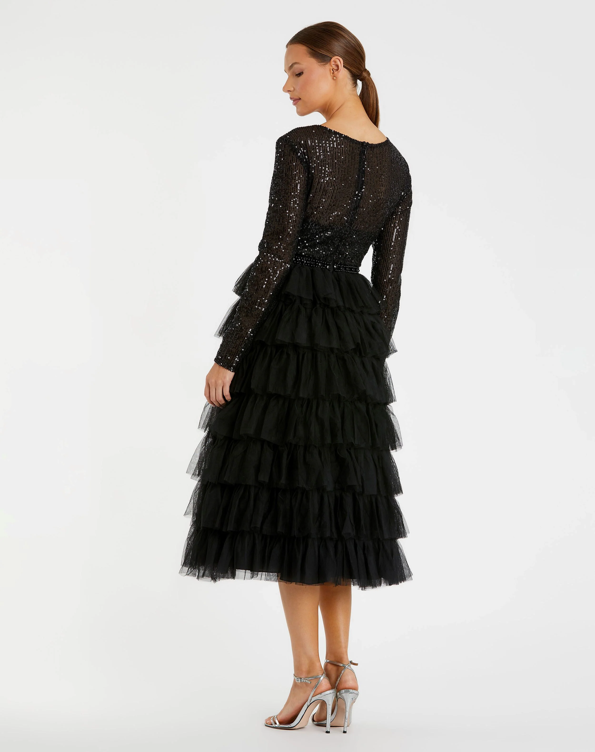 Black Long Sleeve Ruffle Tiered Midi Dress