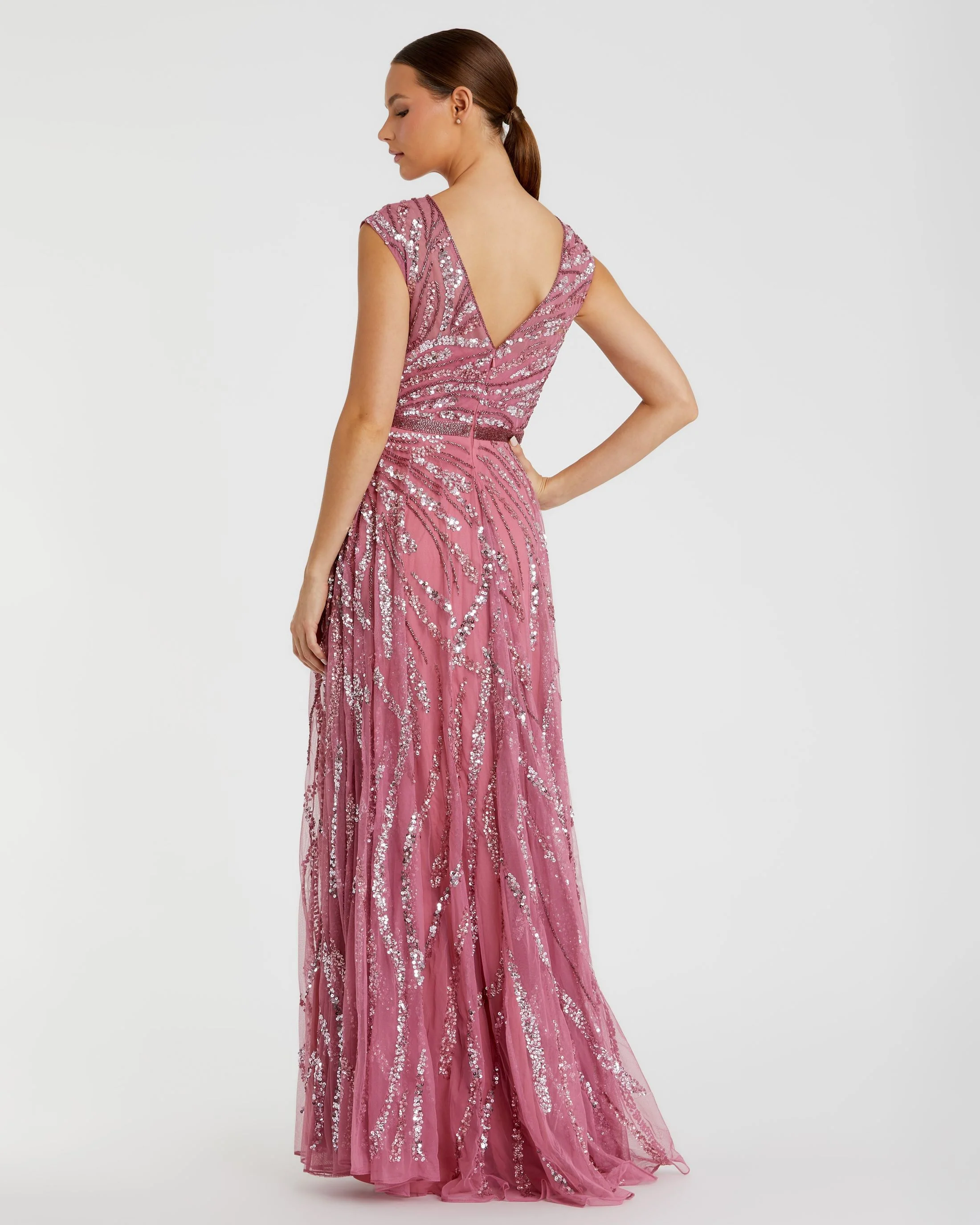 Pink Cap Sleeve Embellished Evening Gown