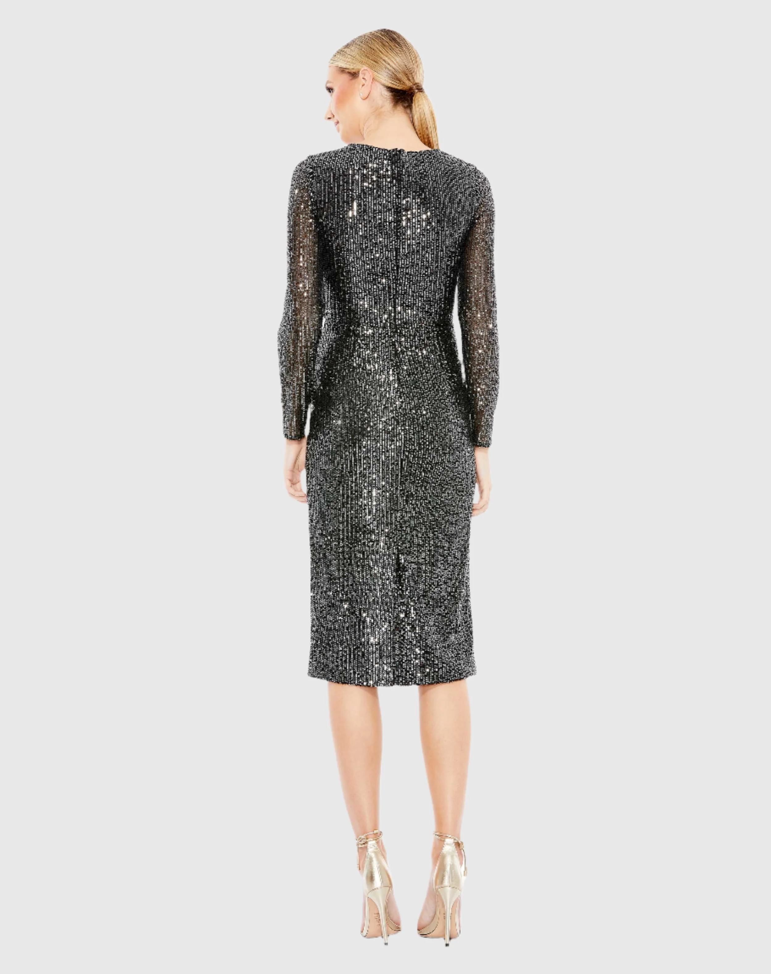 Sequined Faux Wrap V Neck Long Sleeve Midi Dress