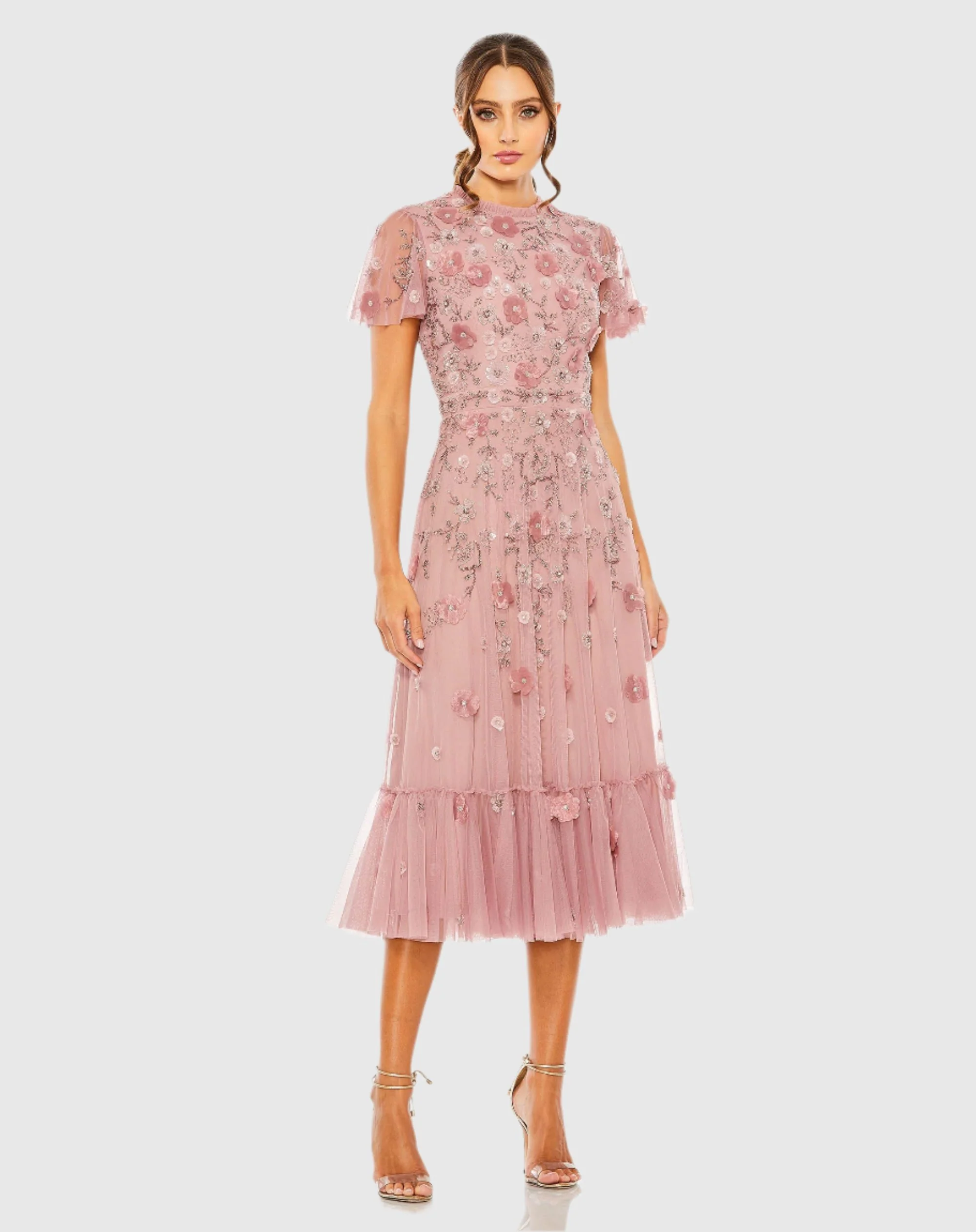 Pink Embellished High Neck Cap Sleeve A Line Dress