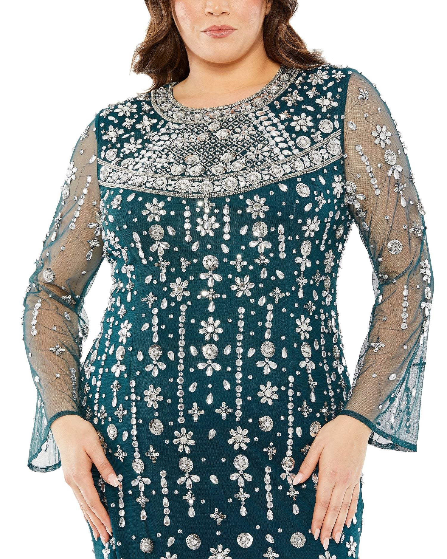 High Neck Long Sleeve Beaded Gown | Sample | Sz. 14W