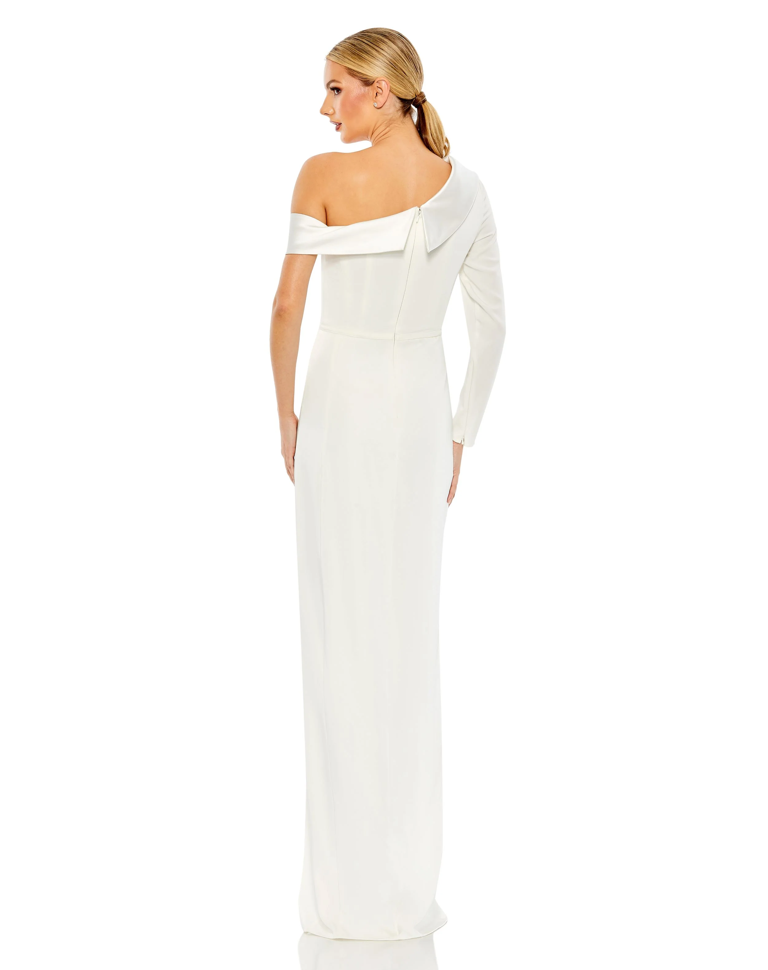White Long Sleeve Drop Shoulder Evening Gown
