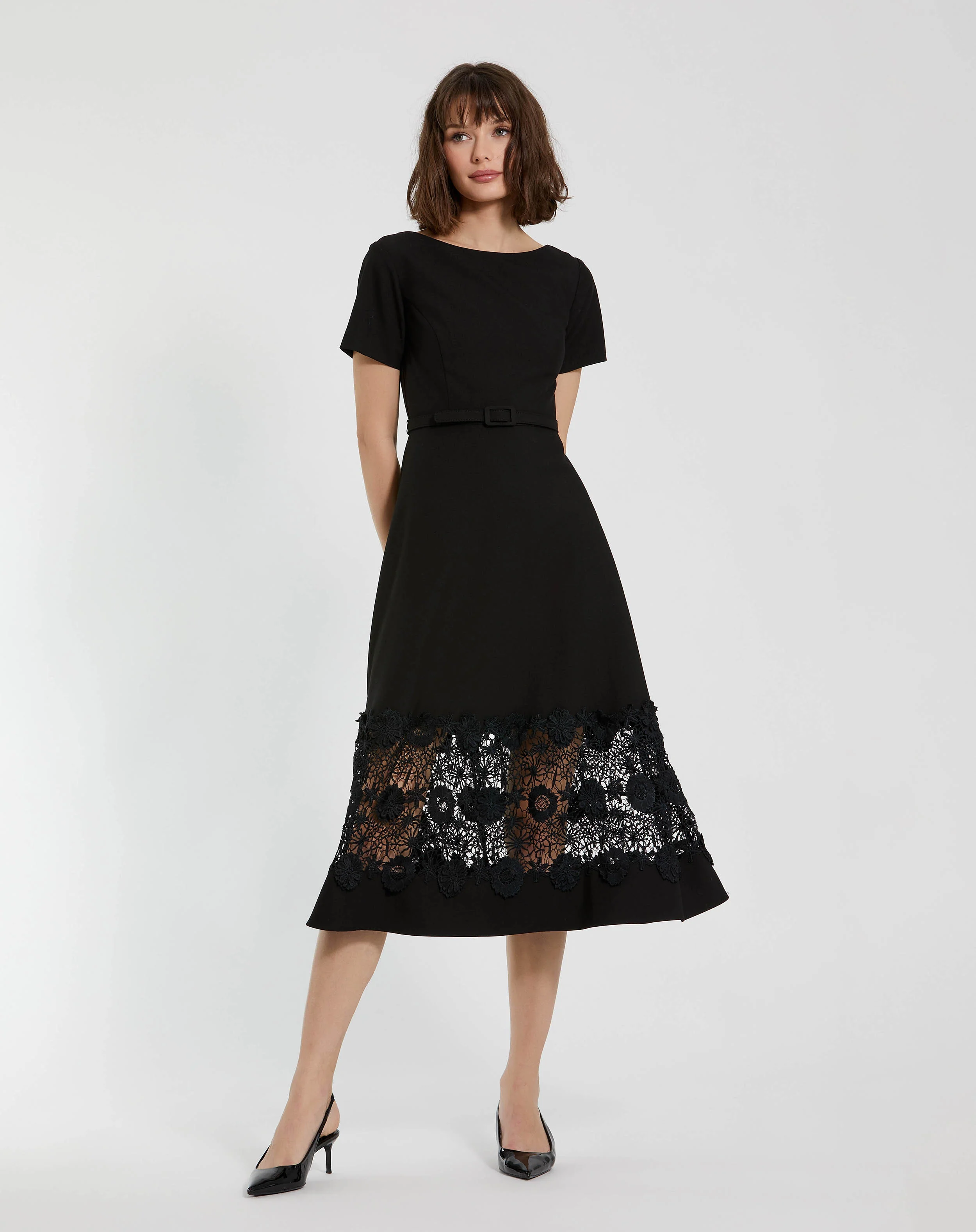 Crepe Boat Neck Midi Dress With Belt