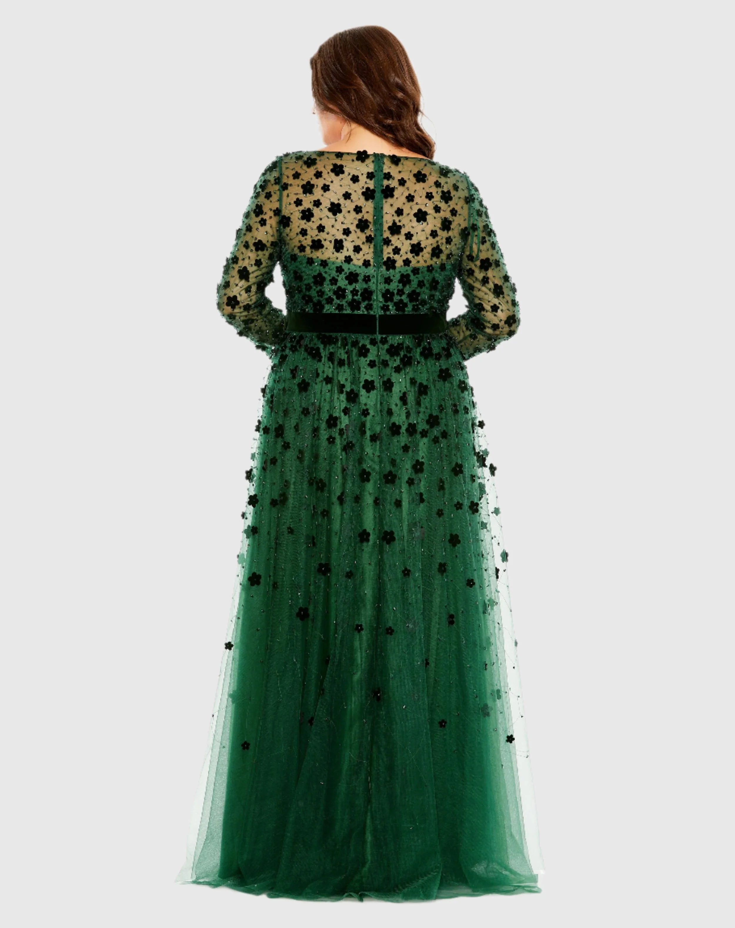 Green Floral Applique Long Sleeve A Line Gown