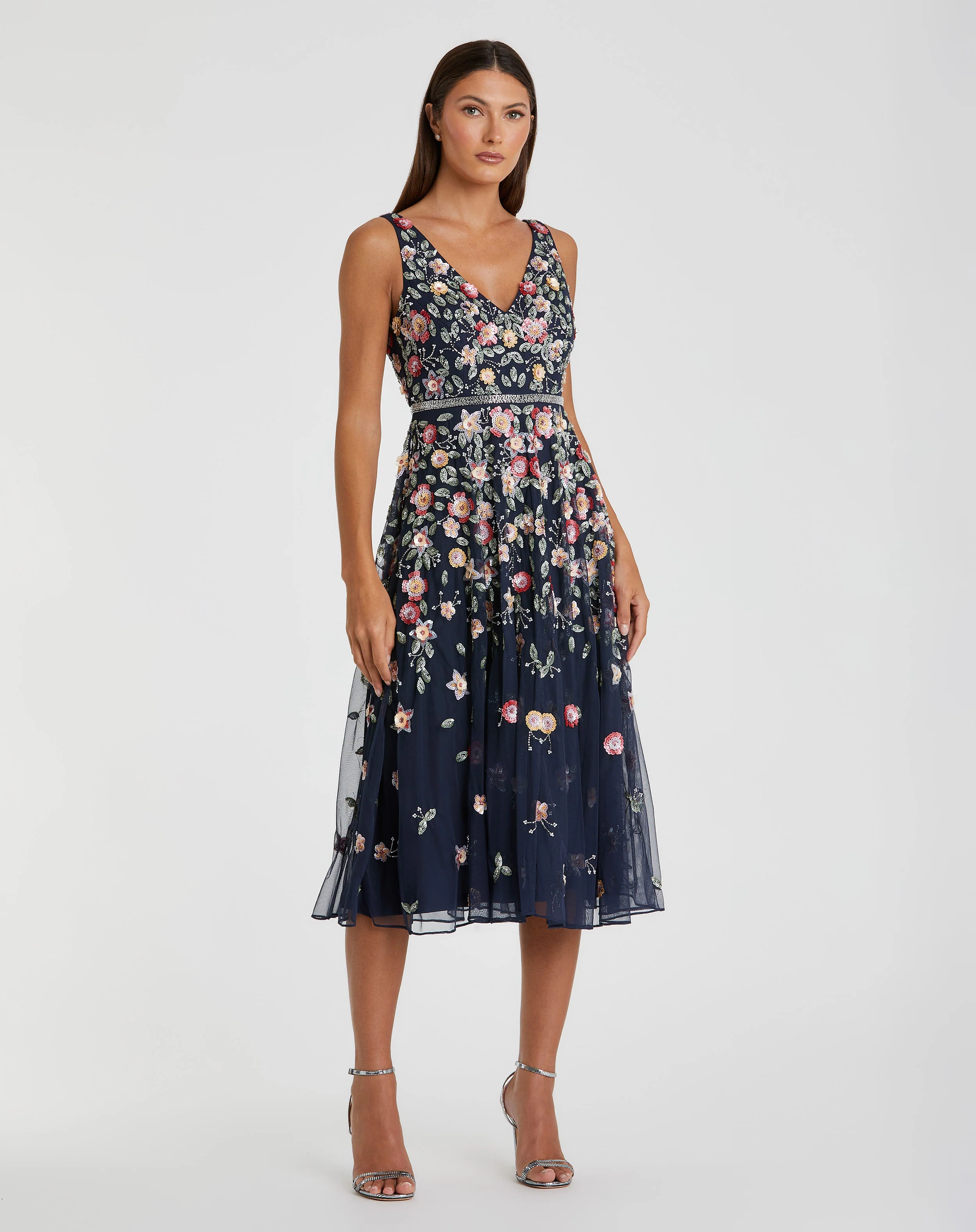 Navy V-Neck Sleeveless Midi Floral Beaded  A-line Dress