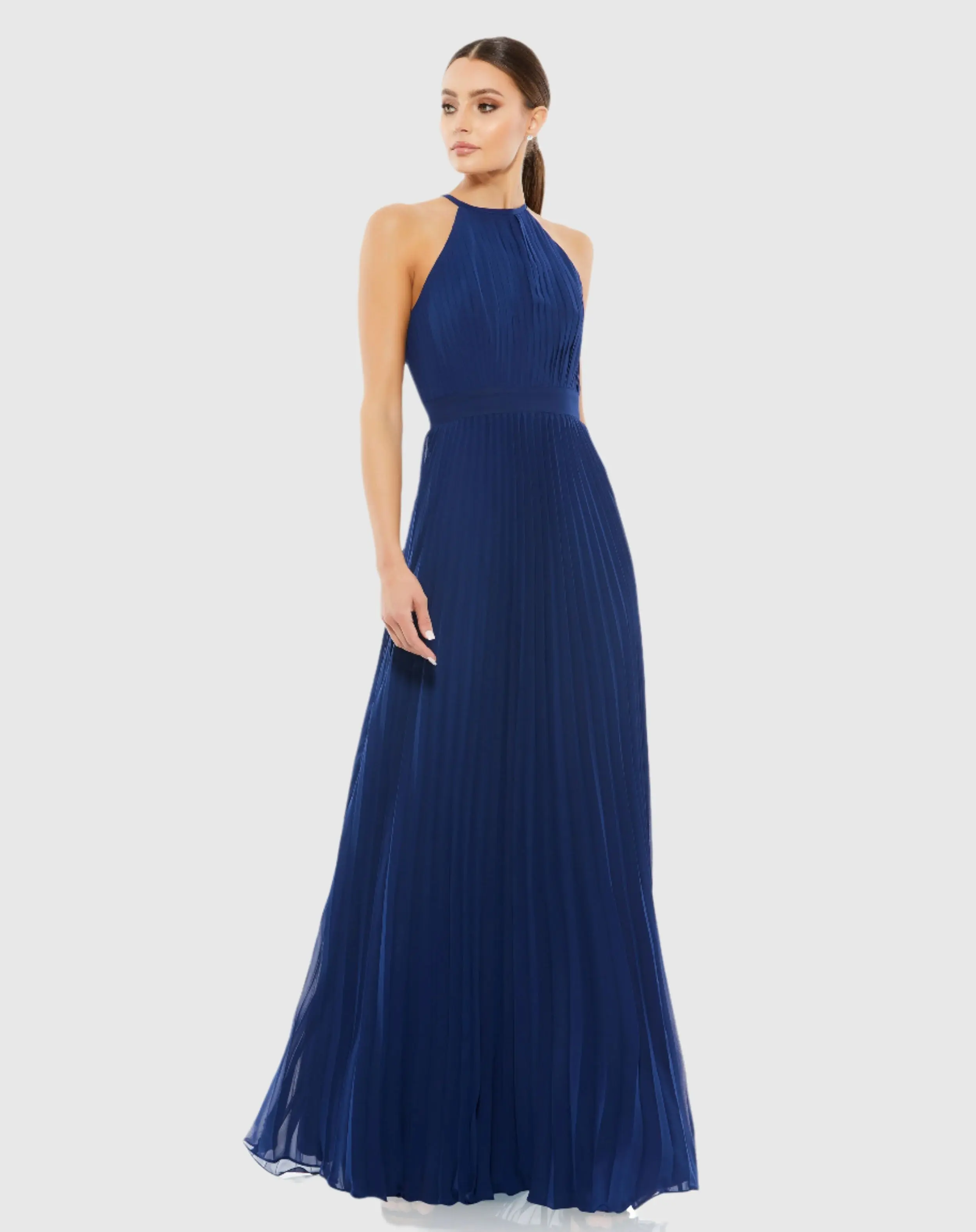 Navy Pleated Halter Neck Flowy Gown