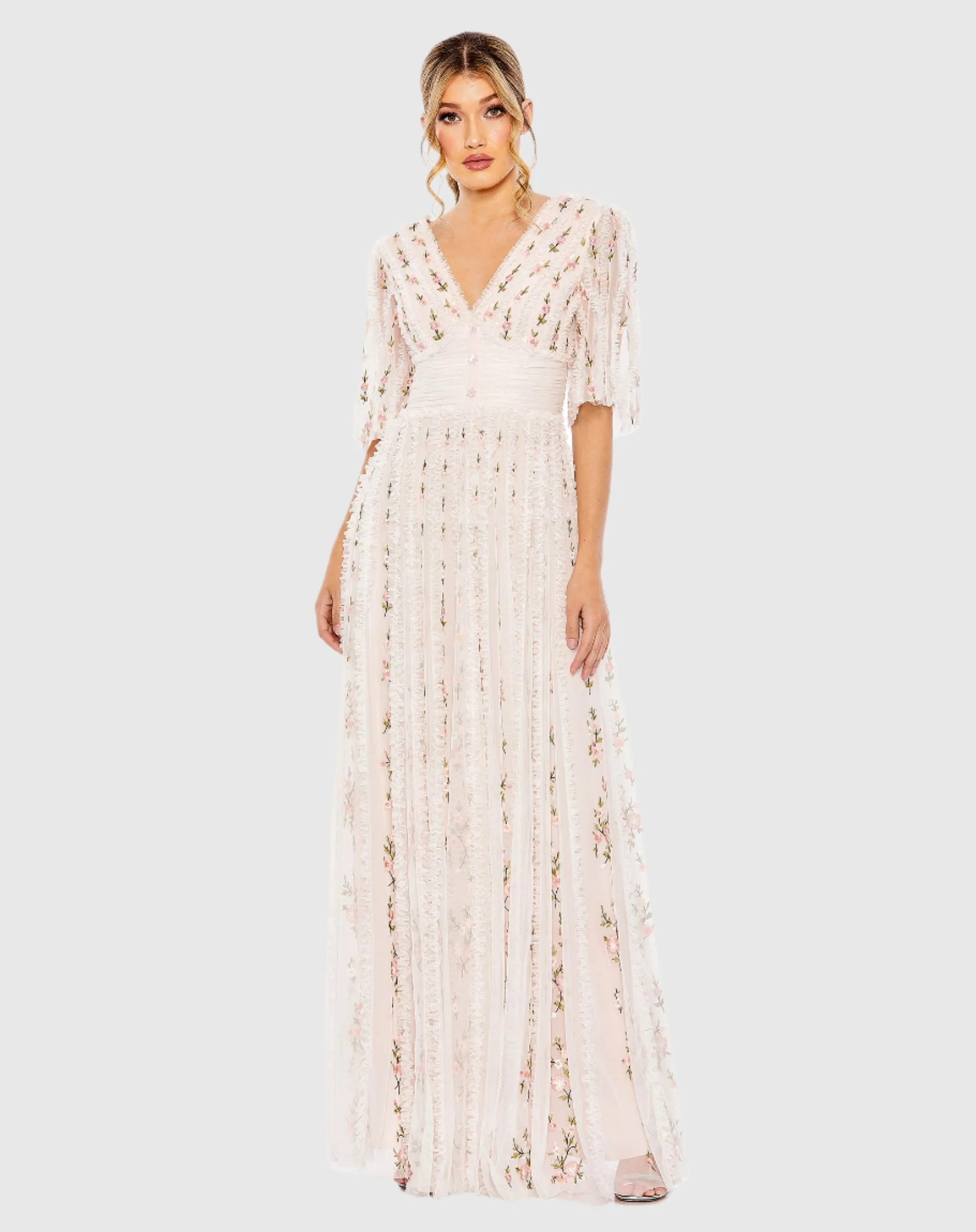 Pink Floral V-Neck Ruffle Detail Empire Waist Gown