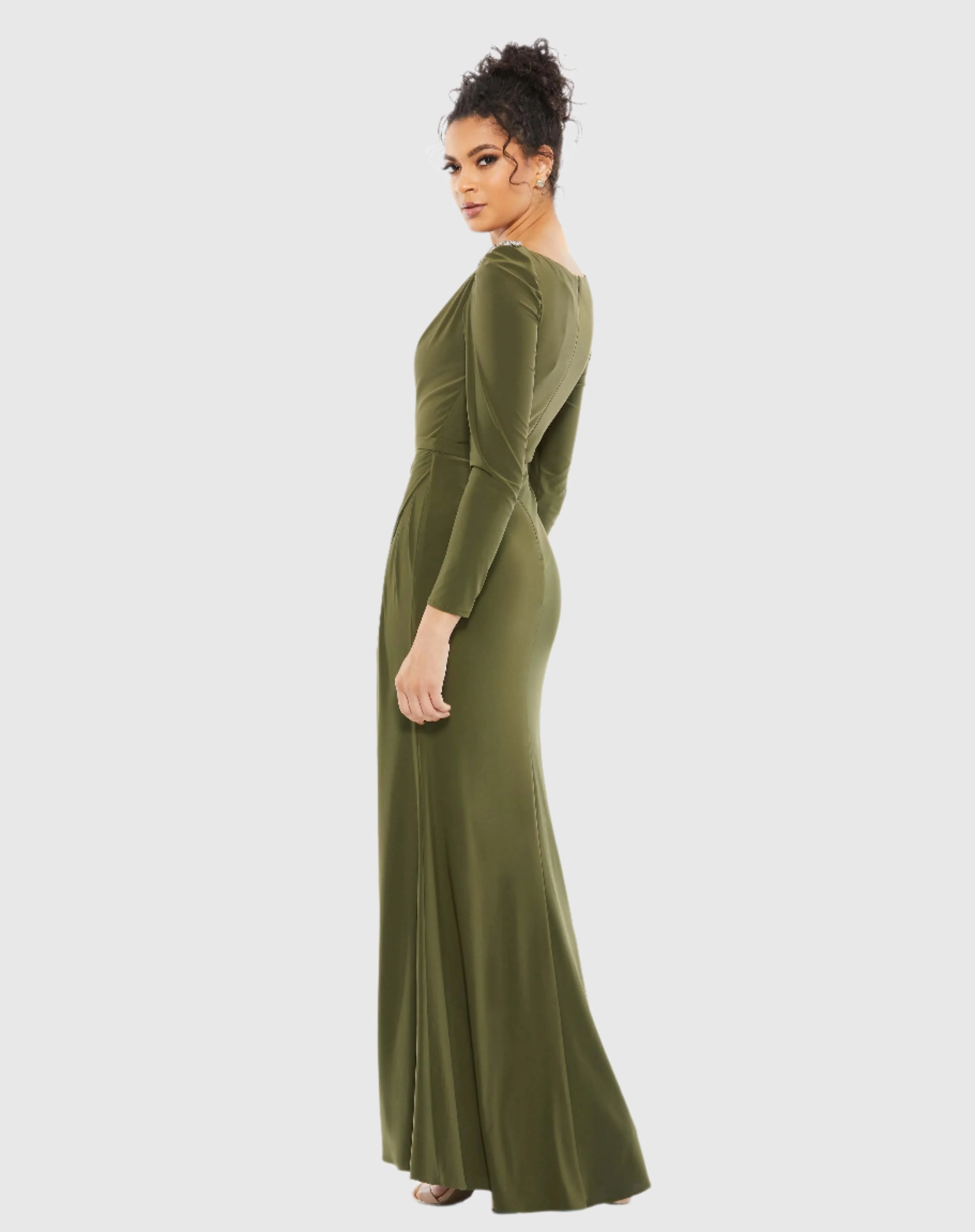 Green Draped Bateau Long Sleeve Trumpet Gown