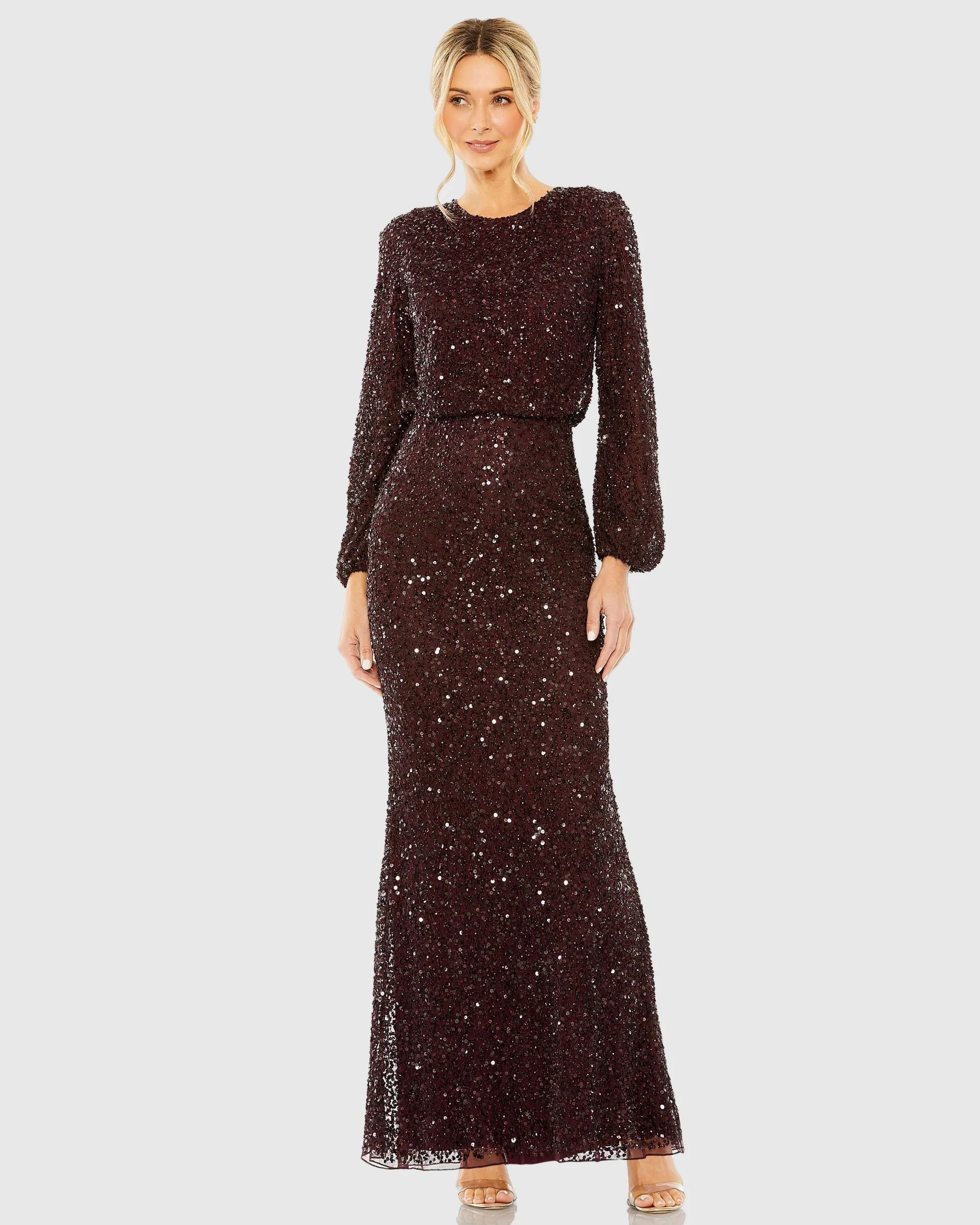 High Neck Long Sleeve Beaded Blouson Gown