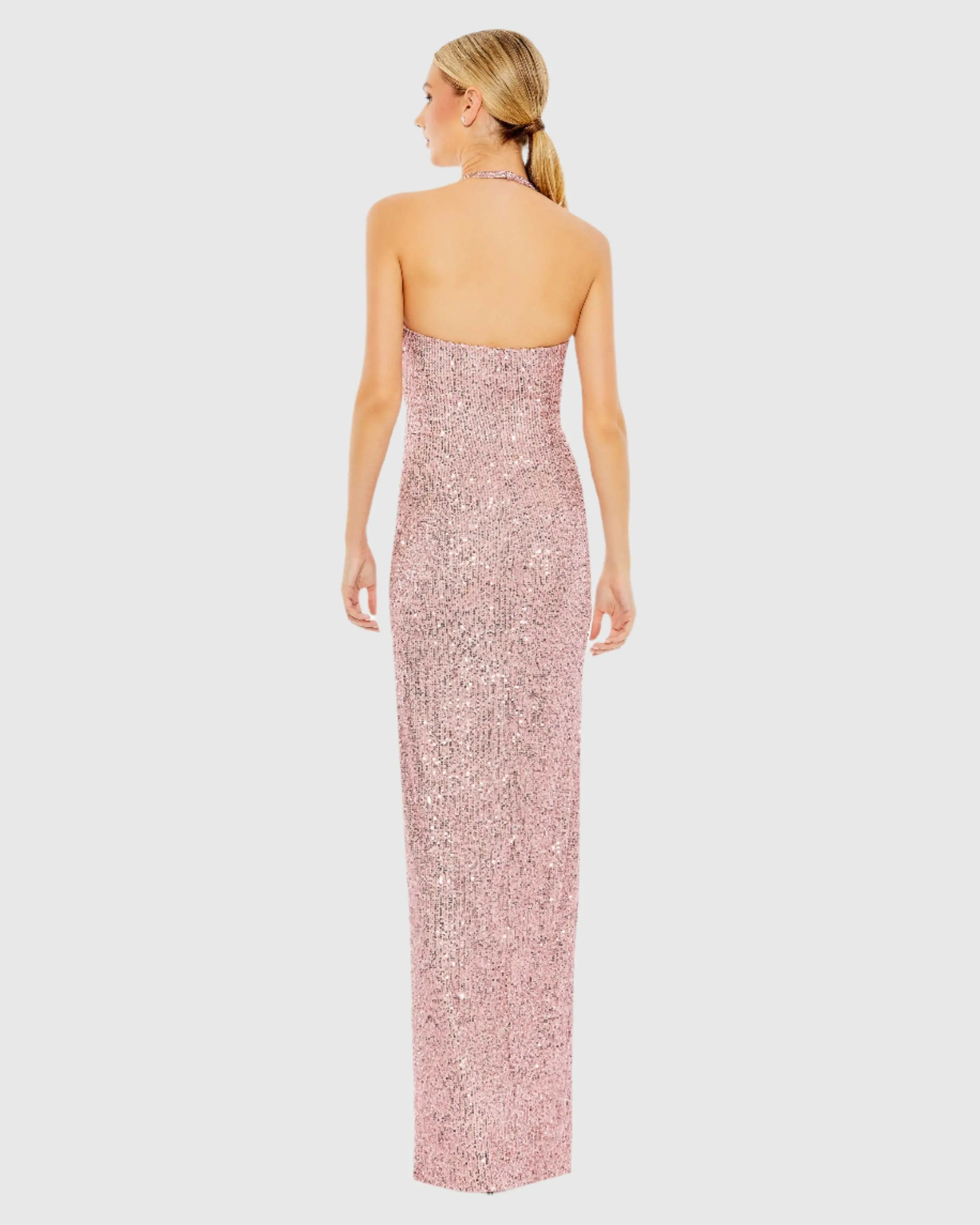 Pink Sequined Halter Strap Low Side Knot Gown