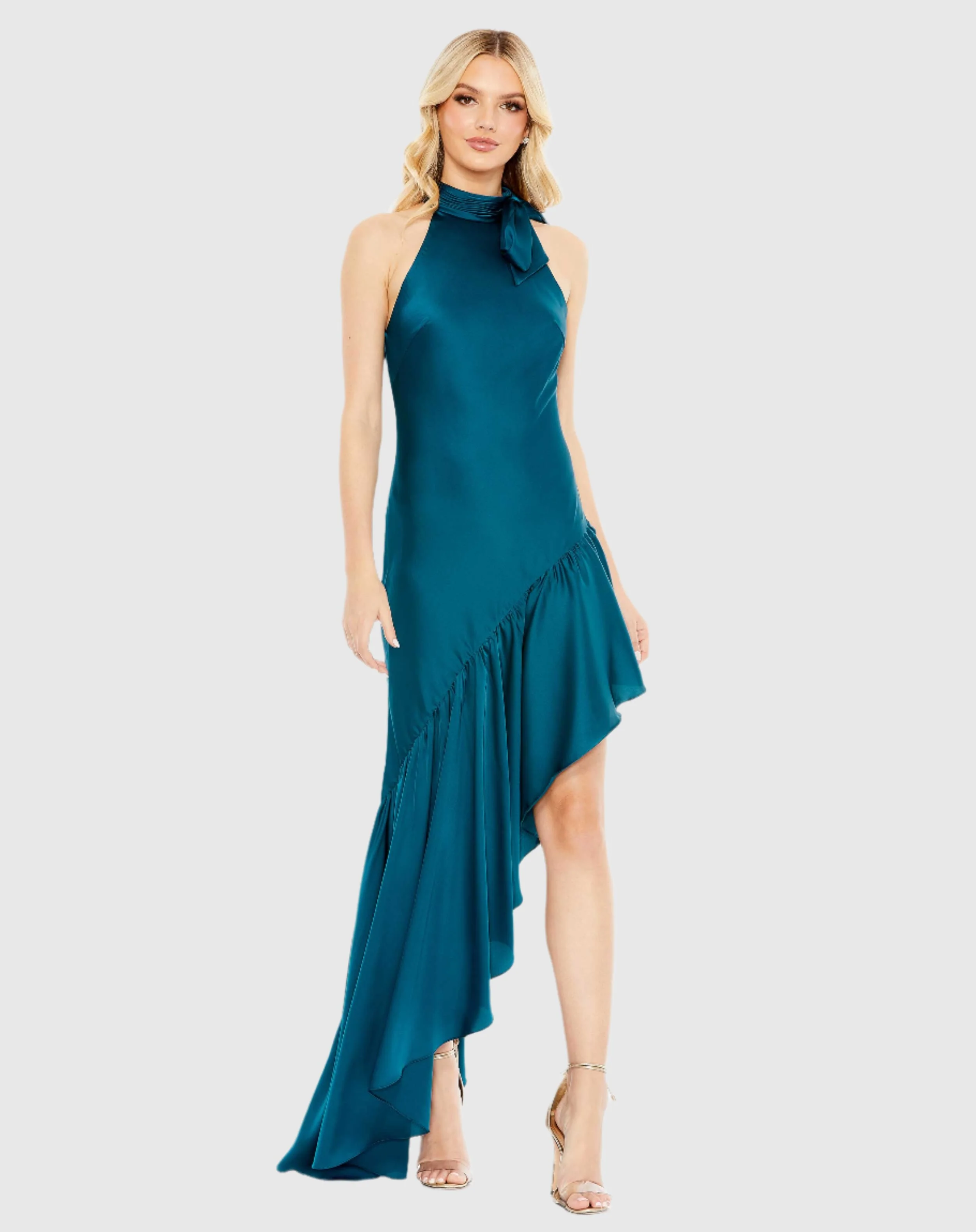 Teal Halter Neck Ruffled Asymmetrical Gown