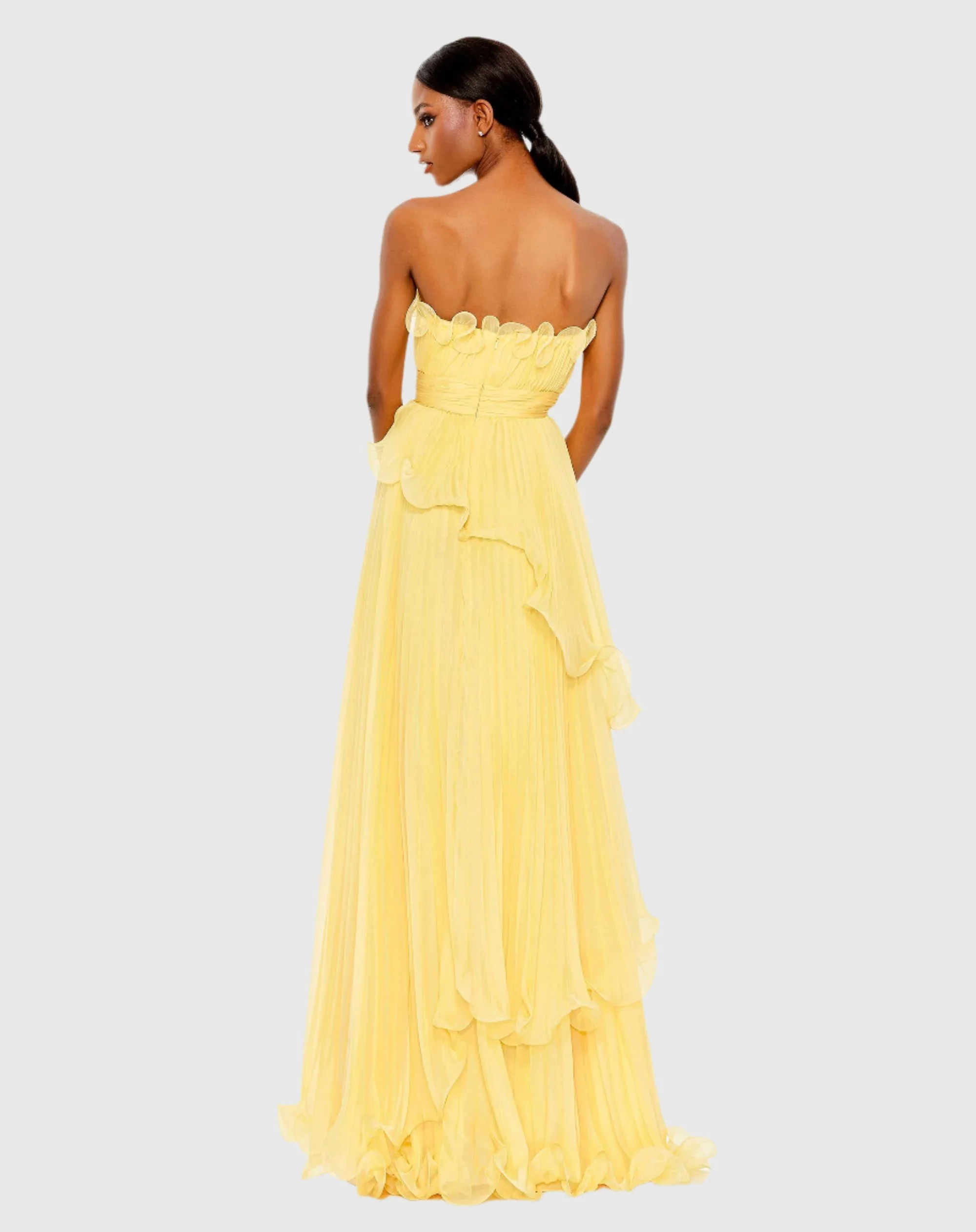Yellow Pleated Tiered Ruffled Strapless Gown