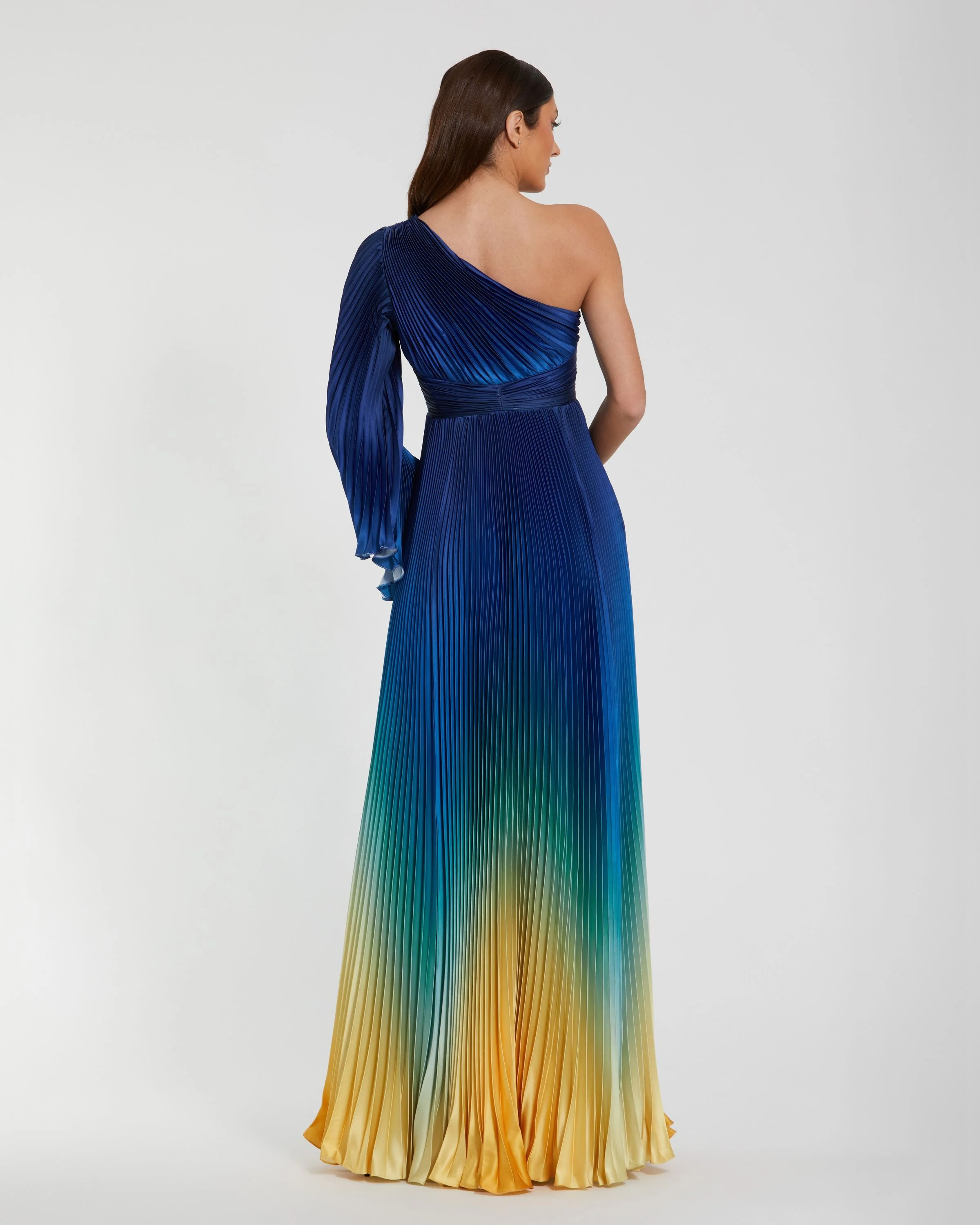 Blue Ombre Pleated Charmeuse Flare Sleeve Gown