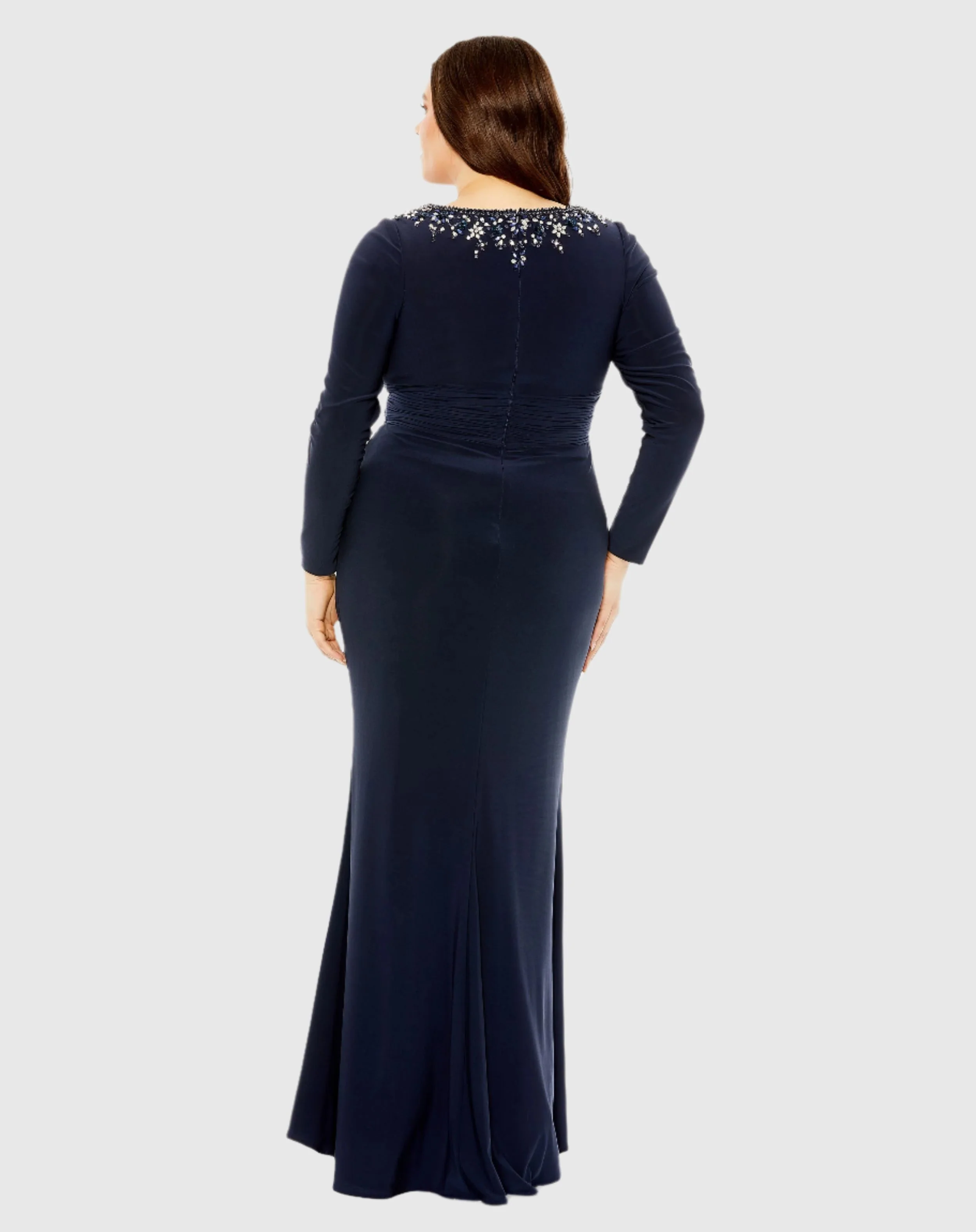Long Sleeve Embellished Neckline Jersey Gown