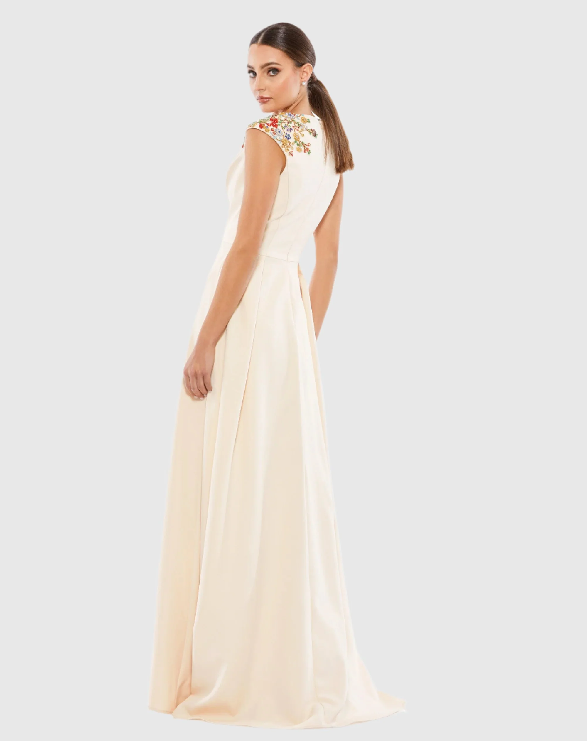 Beige Beaded Cap Sleeve V Neck A Line Gown