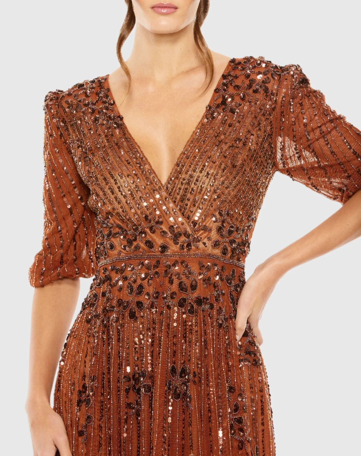 Orange Puff Quarter Length Sleeve V-Neck Dress