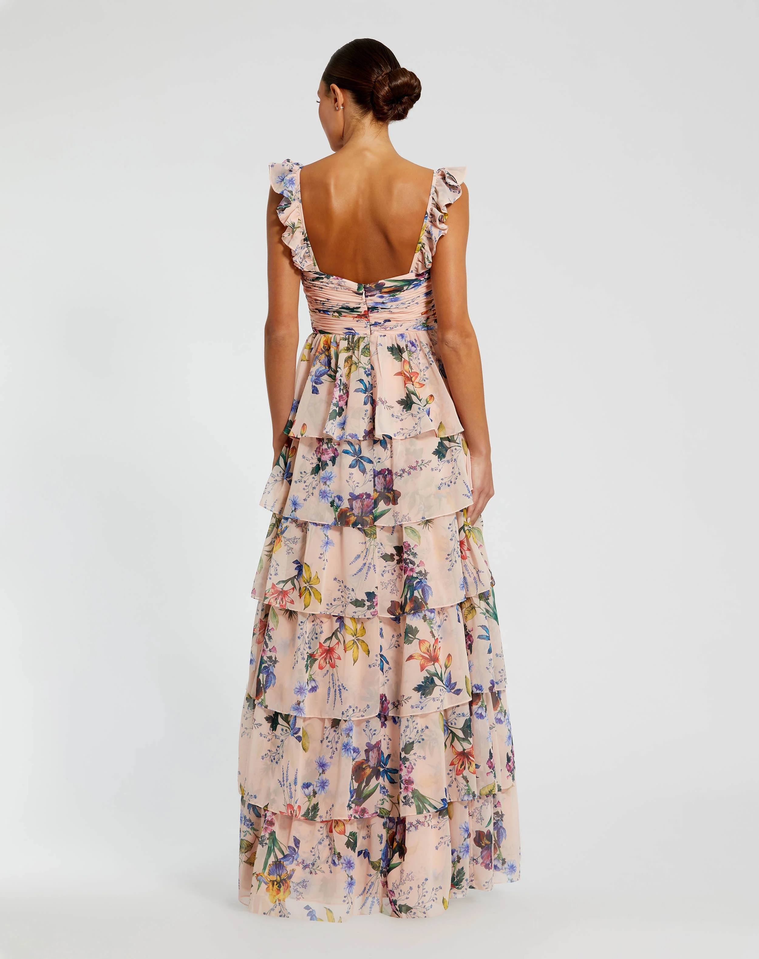 Pink Ruffle Sleeveless Chiffon Tiered Floral Print Gown