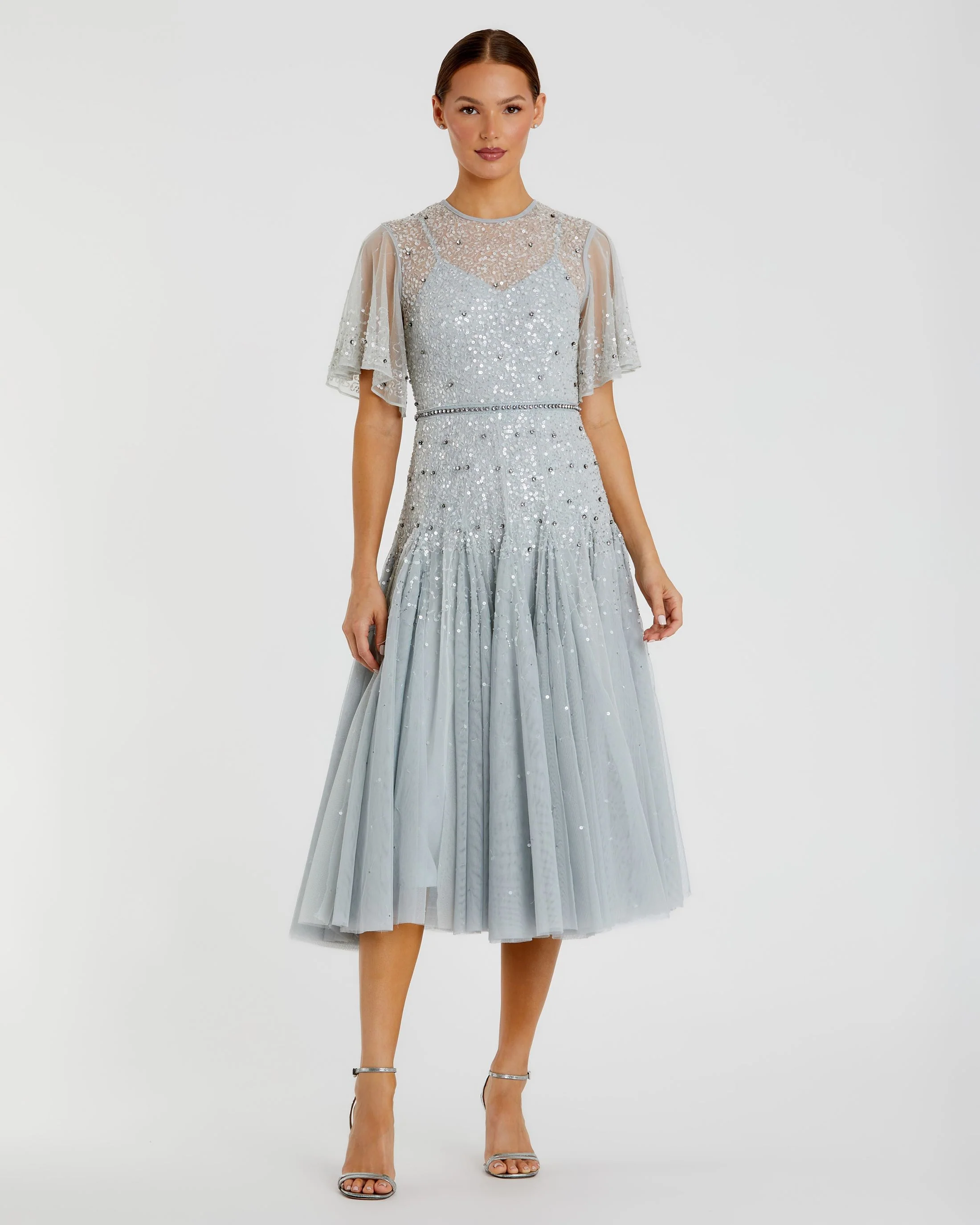 Cape Sleeve Beaded Tea Length A-line Dress