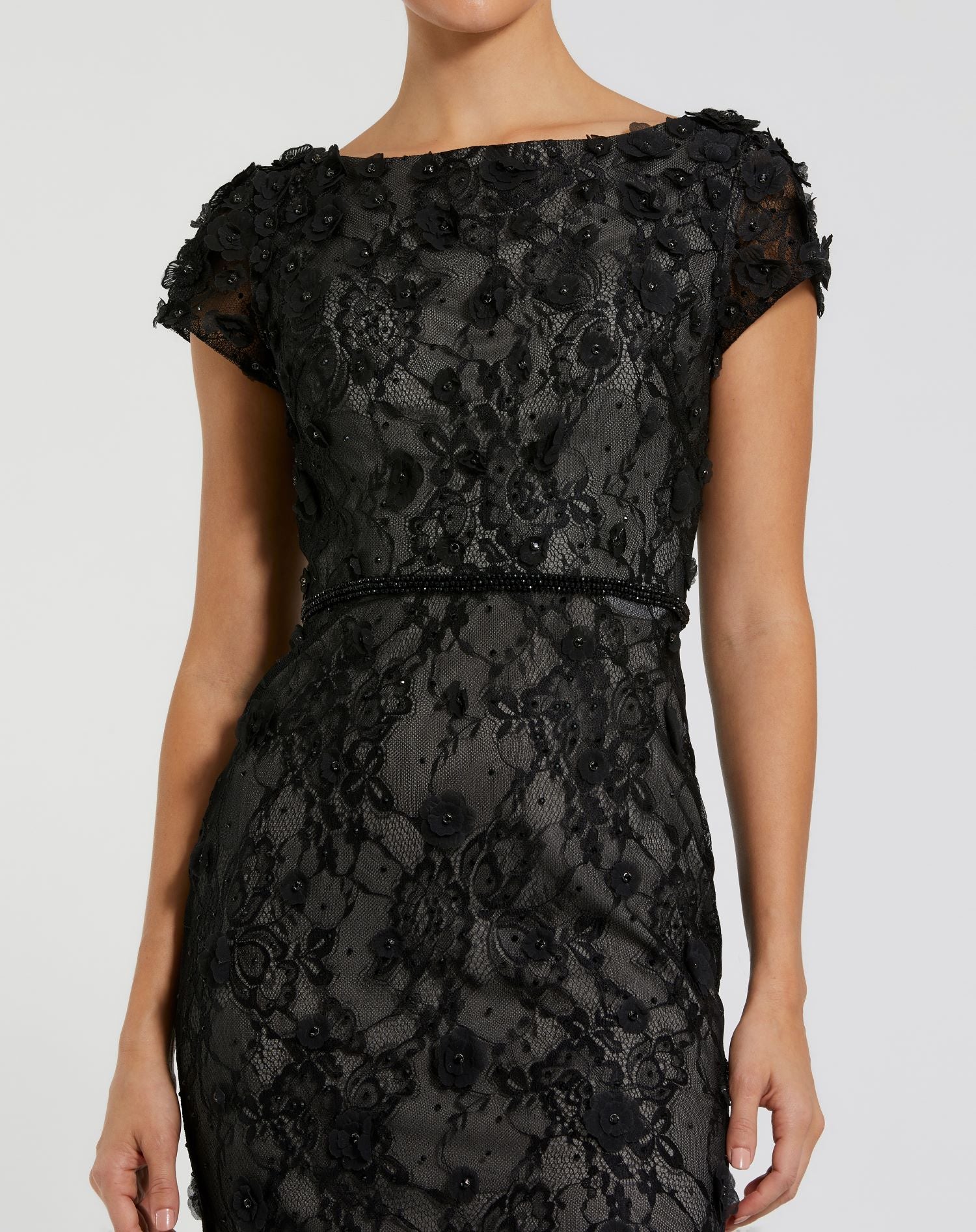 Black Floral Applique Boat Neck Short Sleeve Gown